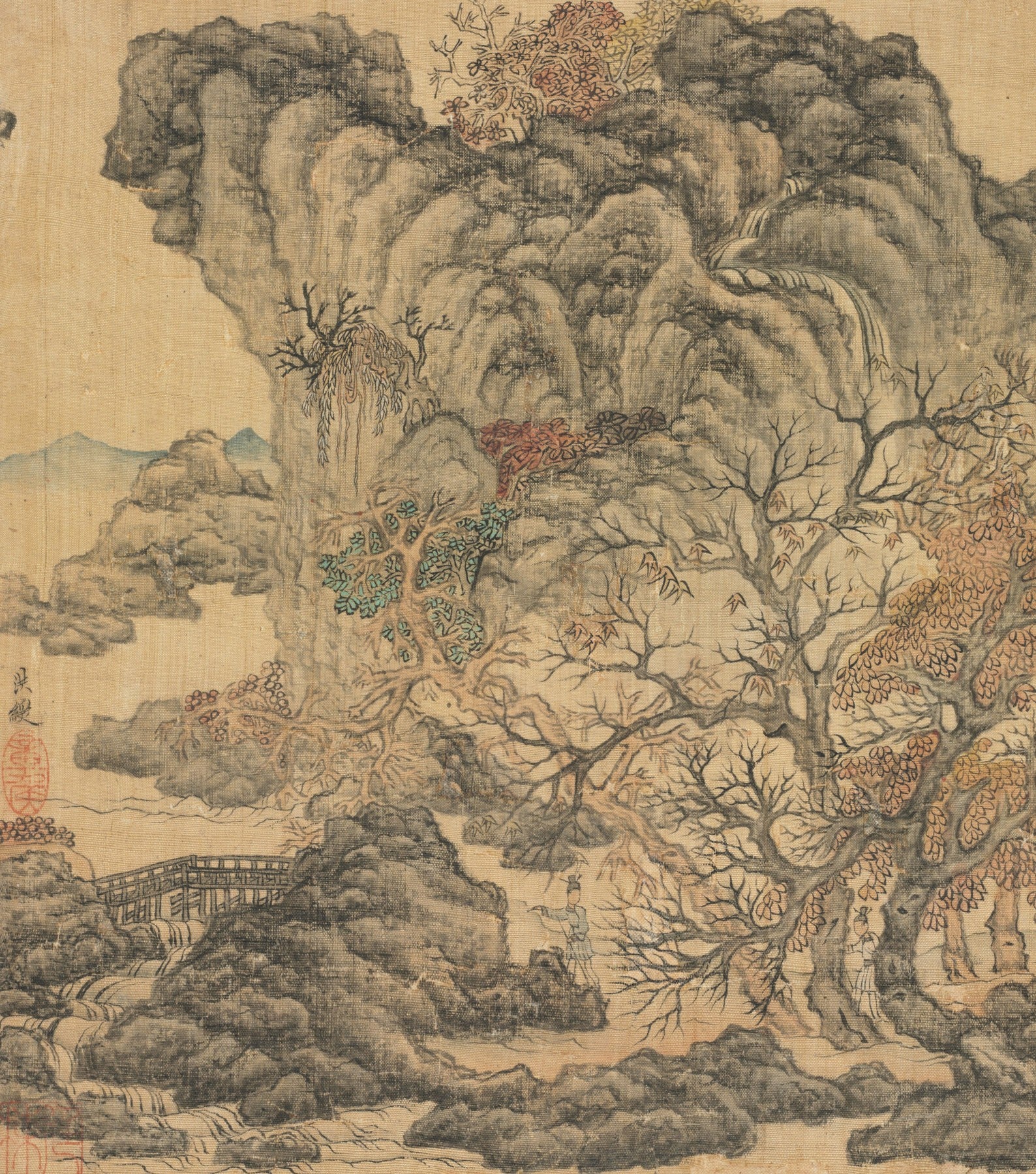 Large gold and grey Landscape canvas print of Travelers in an Autumn Landscape by Chen Hongshou
