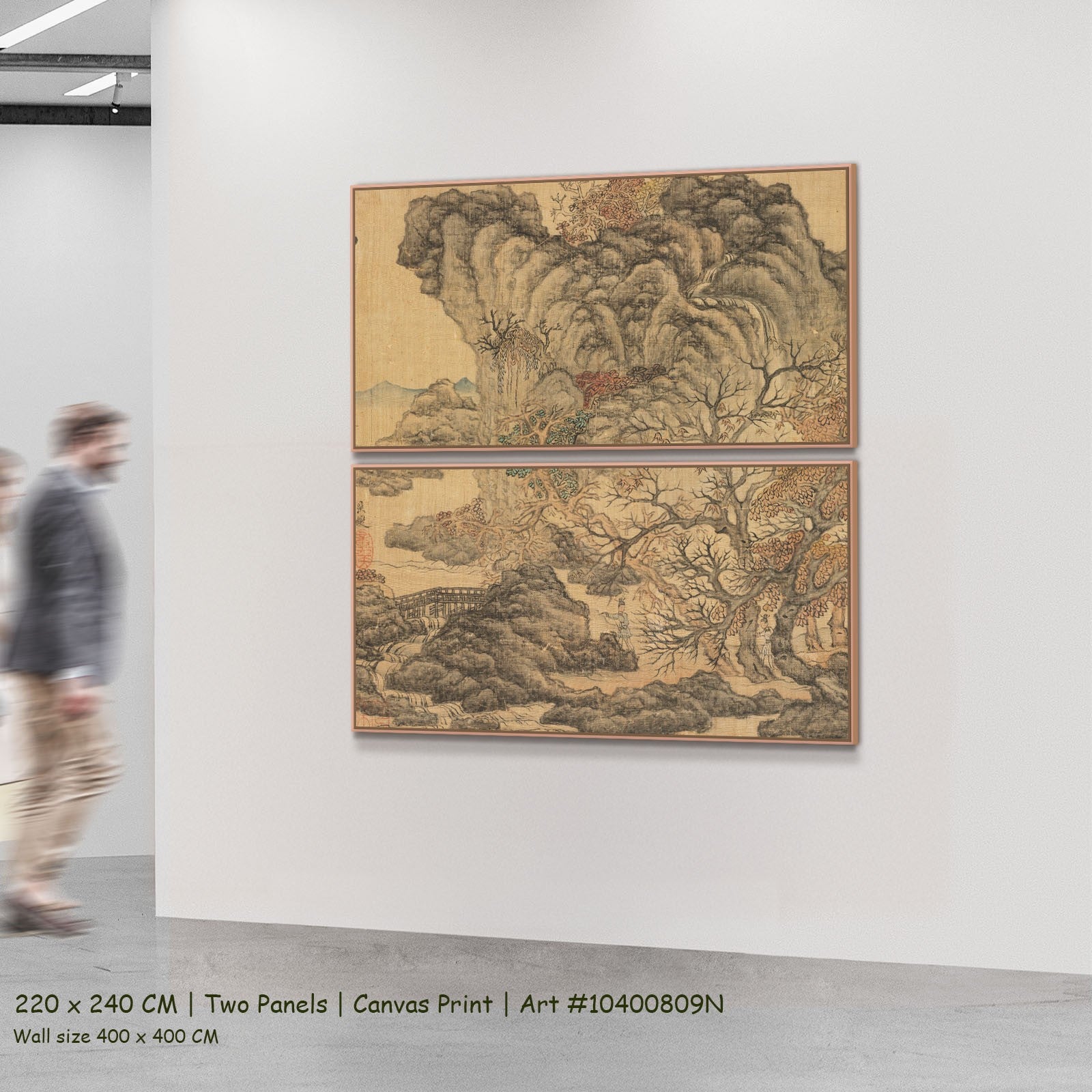 Travelers in an Autumn Landscape by Chen Hongshou as a large two-panel gold and grey Landscape canvas set