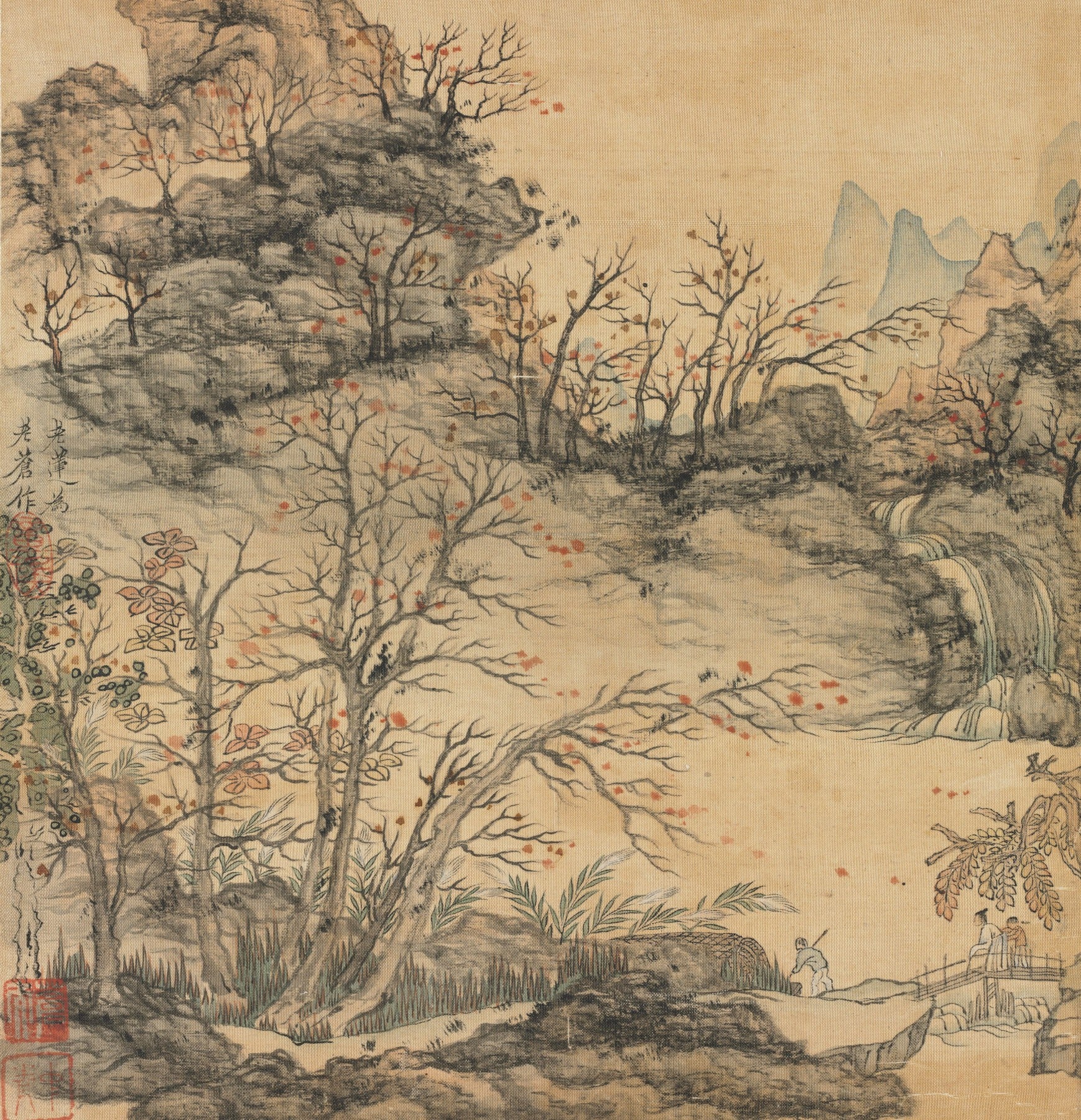 Large gold and grey Landscape canvas print of Autumn Landscape by Chen Hongshou