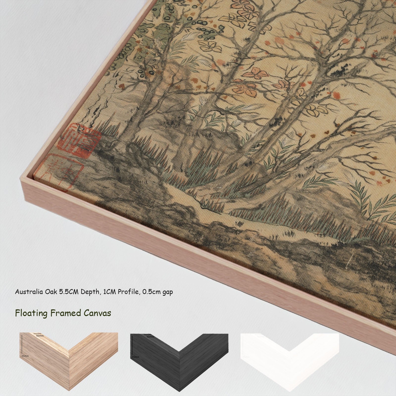 Autumn Landscape by Chen Hongshou in a floating frame, large gold and grey Landscape canvas print