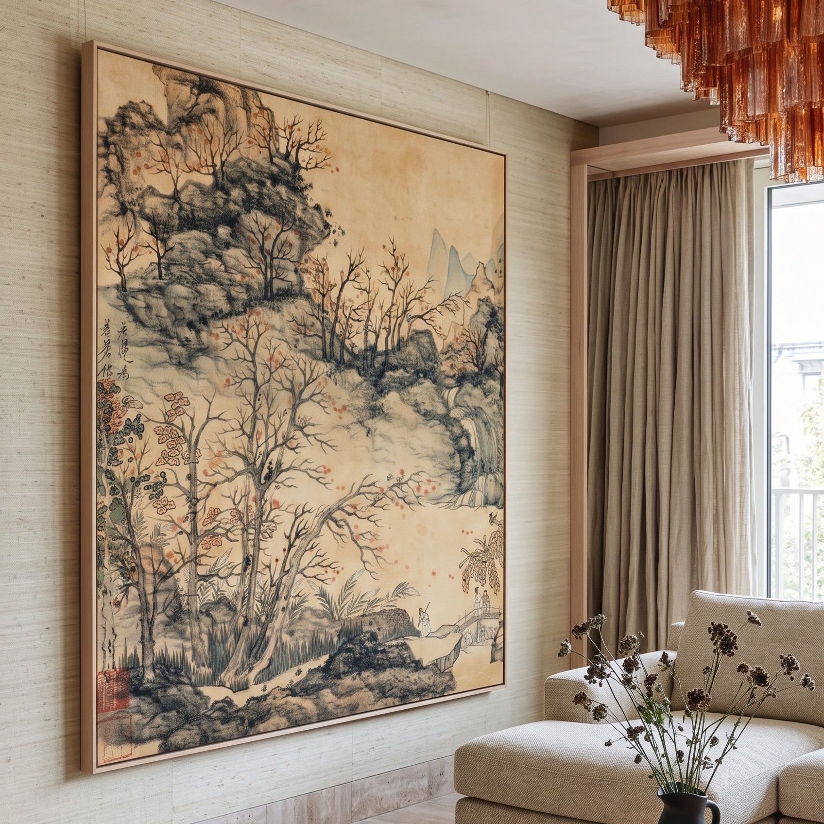 Autumn Landscape by Chen Hongshou — large gold and grey Landscape canvas art on a living room wall