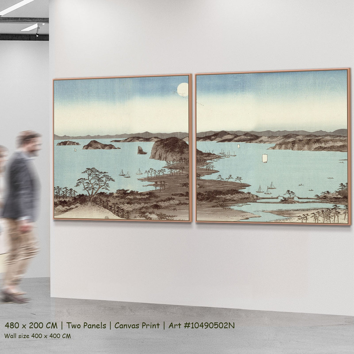 Evening View of Eight Famous Sites by Utagawa Hiroshige I as a large two-panel light blue and brown Landscape canvas set