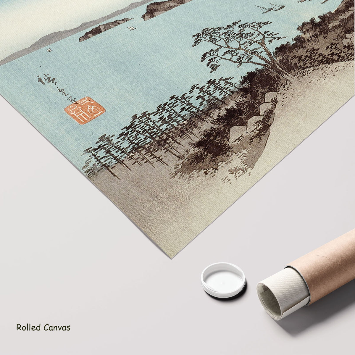 Evening View of Eight Famous Sites by Utagawa Hiroshige I as a large rolled light blue and brown Landscape canvas print