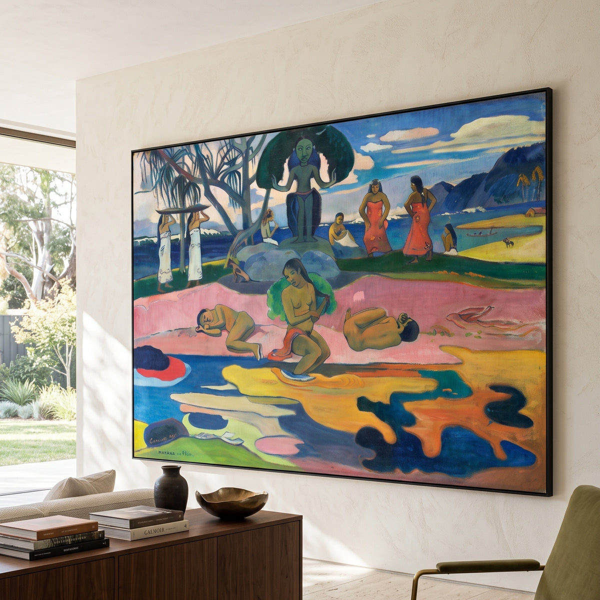 Mahana no atua by Paul Gauguin — large pink and blue Symbolist canvas art displayed on a wall