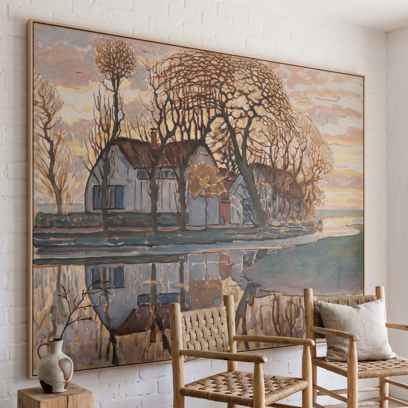 Farm near Duivendrecht by Piet Mondrian — large pink and brown Abstract canvas art on a living room wall