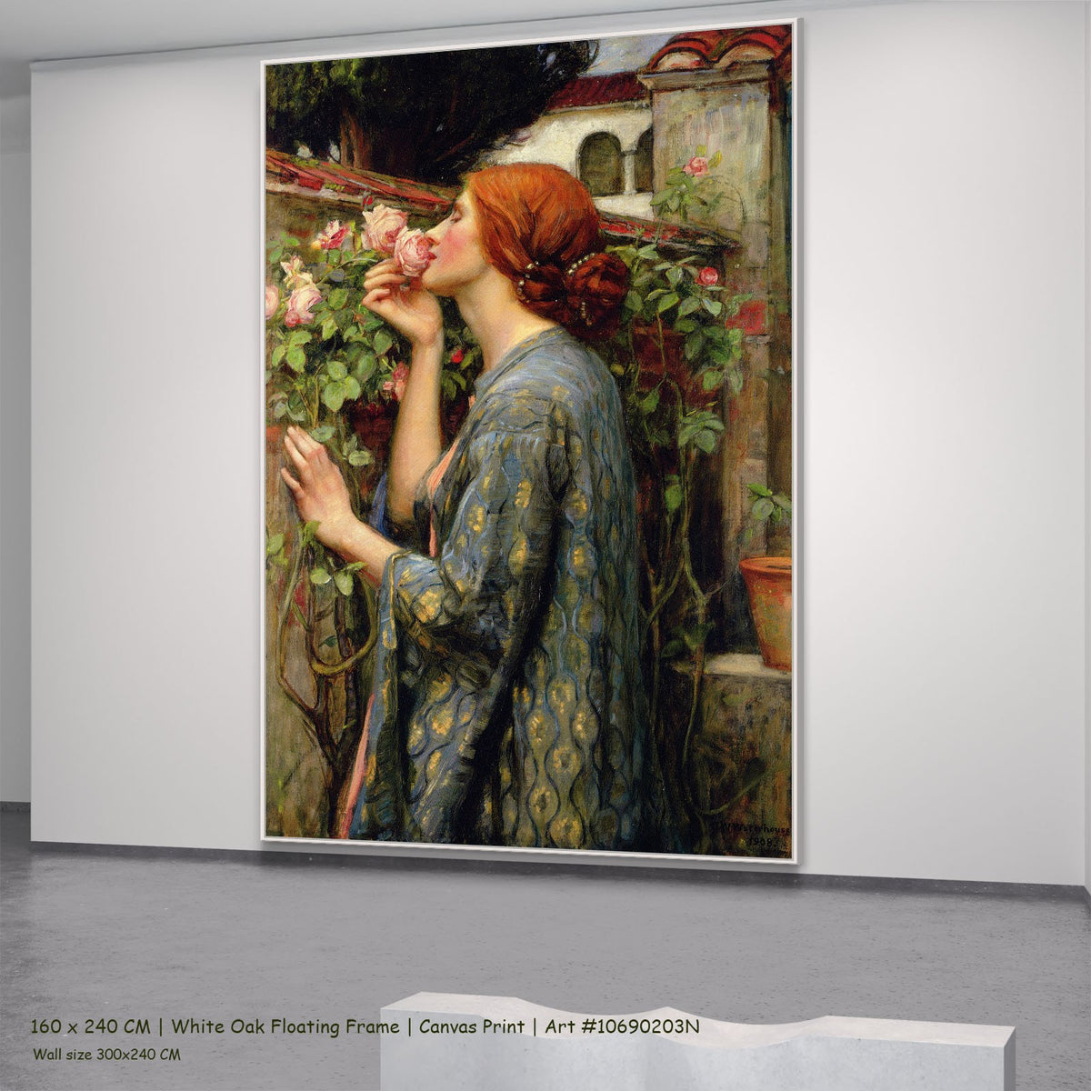 The Soul of the Rose by John William Waterhouse in a white oak floating frame, large blue and green Pre-Raphaelite canvas