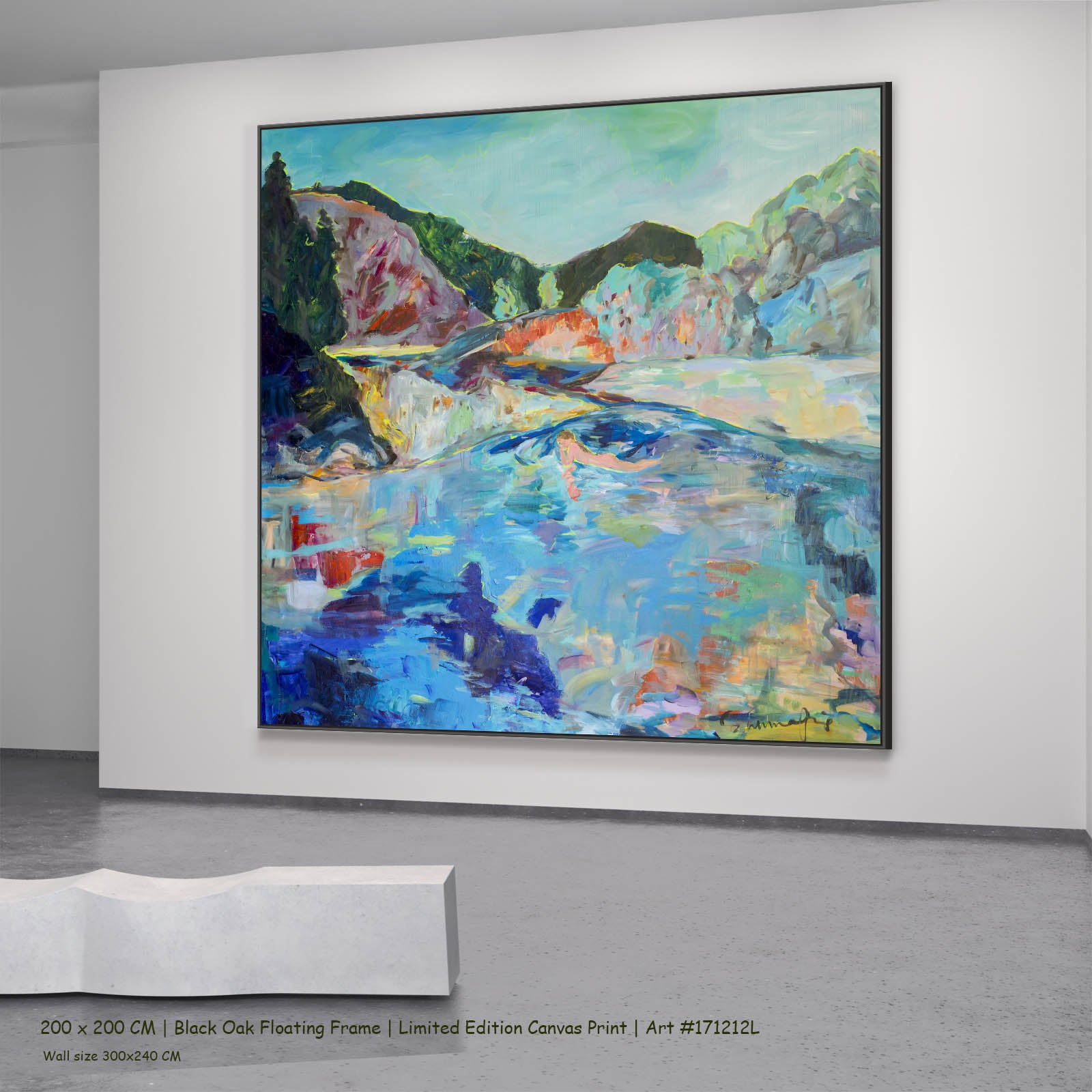 River Washes Me Abstract canvas wall art in a black oak floating frame, 200 × 200 cm