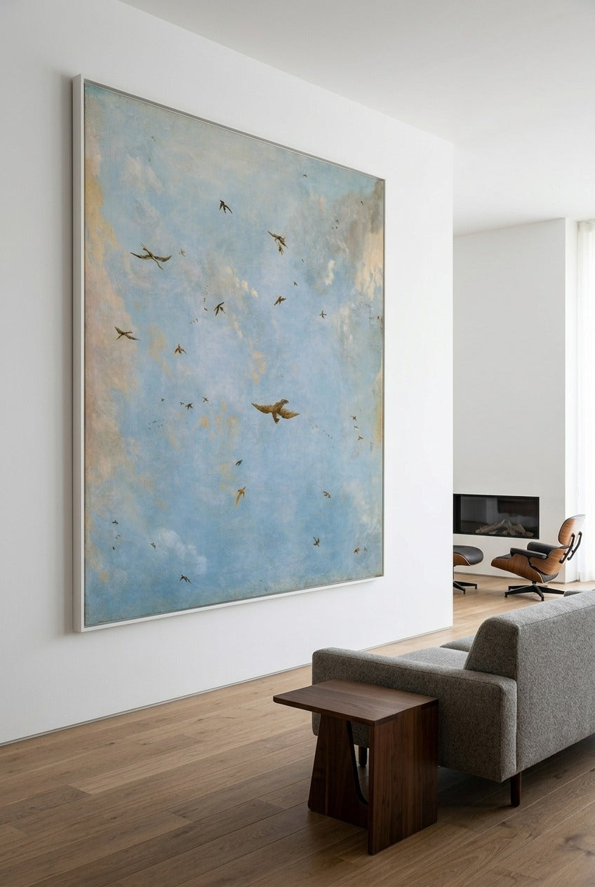 attr. Nicolaes Piemont | Large Square Light Blue Sky Canvas Wall Art | Cloudy Sky with Birds