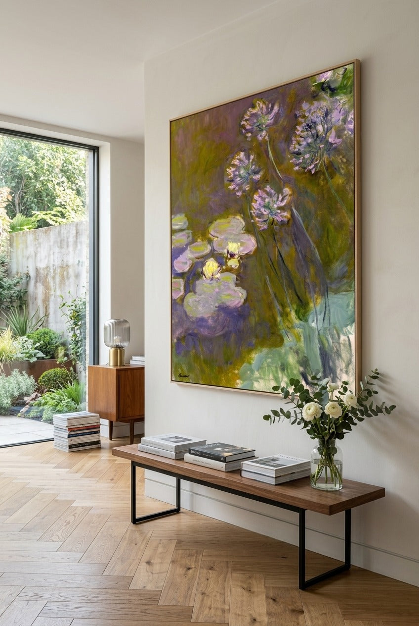 Claude Monet | Large Purple Olive Impressionist Canvas Wall Art | Water Lilies and Agapanthus