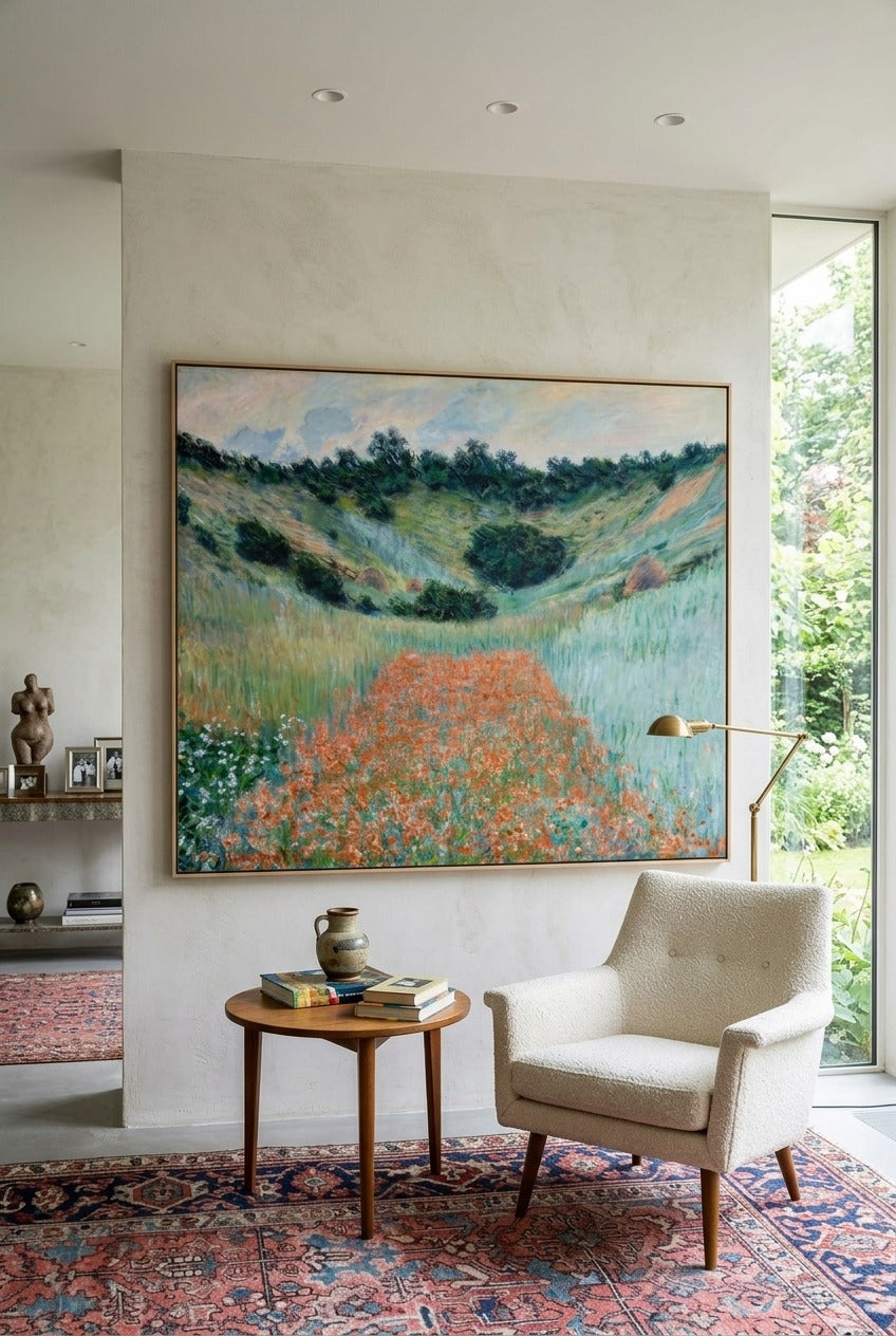 Claude Monet | Oversized Green Orange Impressionist Canvas Wall Art | Poppy Field near Giverny