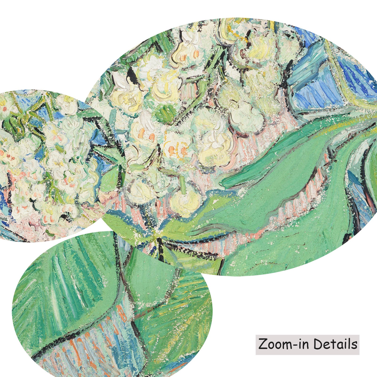 Close-up detail of the brushwork on Blossoming Chestnut Branches, a large green and blue Impressionist canvas by Vincent van