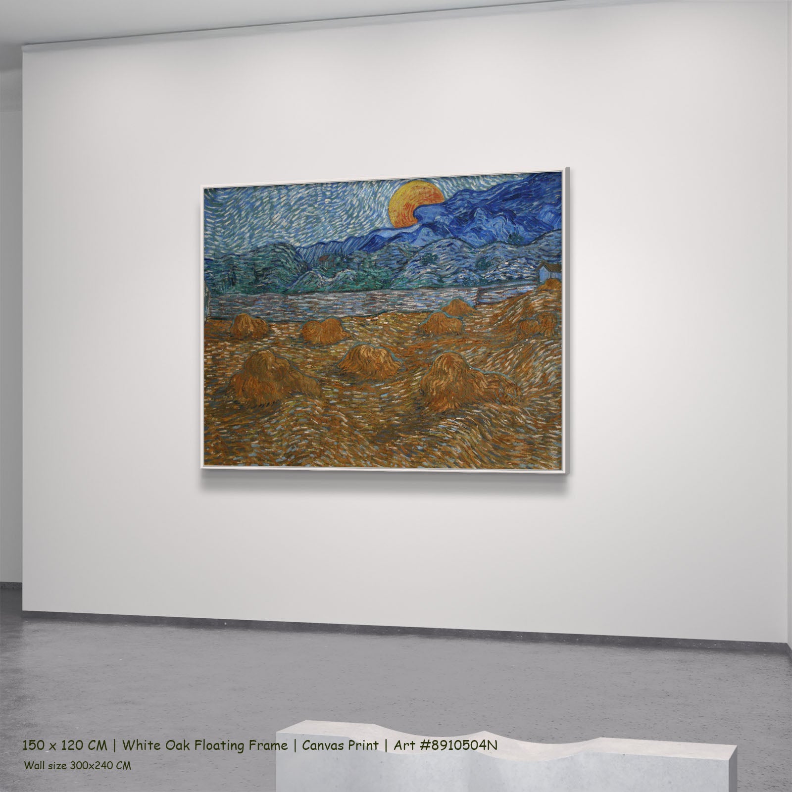 Landscape with Wheat Sheaves and Rising by Vincent van Gogh in a white oak floating frame, large blue and gold Impressionist