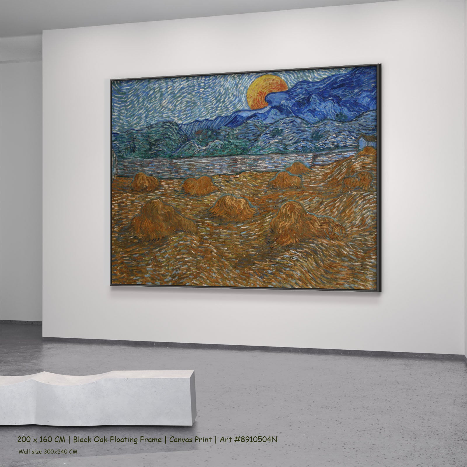 Landscape with Wheat Sheaves and Rising by Vincent van Gogh in a black oak floating frame, large blue and gold Impressionist