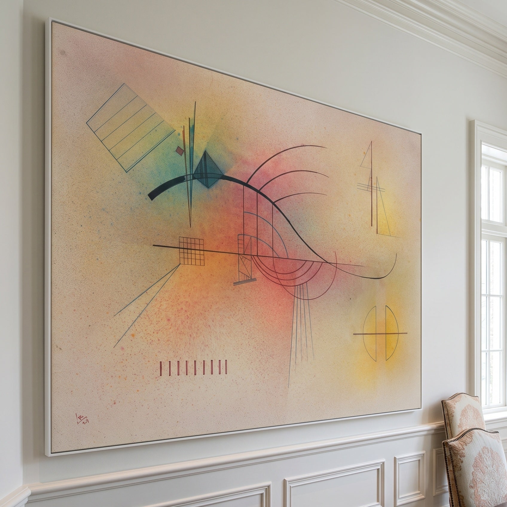 Abstract Composition with Black Arc by Wassily Kandinsky — large yellow and white Geometric Abstract canvas art on a hallway