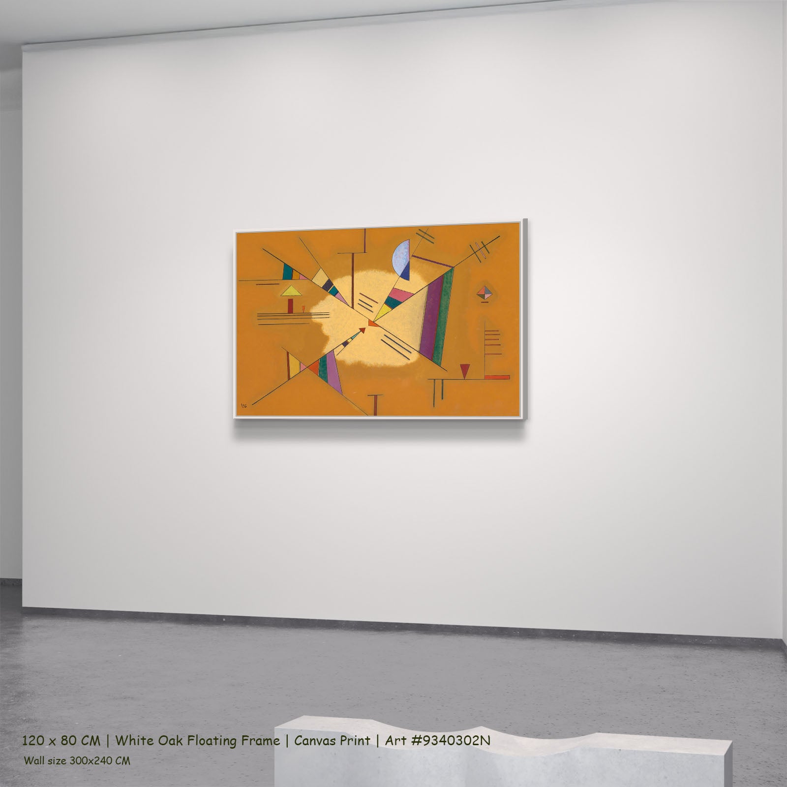 Abstract Composition on Orange by Wassily Kandinsky in a white oak floating frame, large orange and white Geometric Abstract