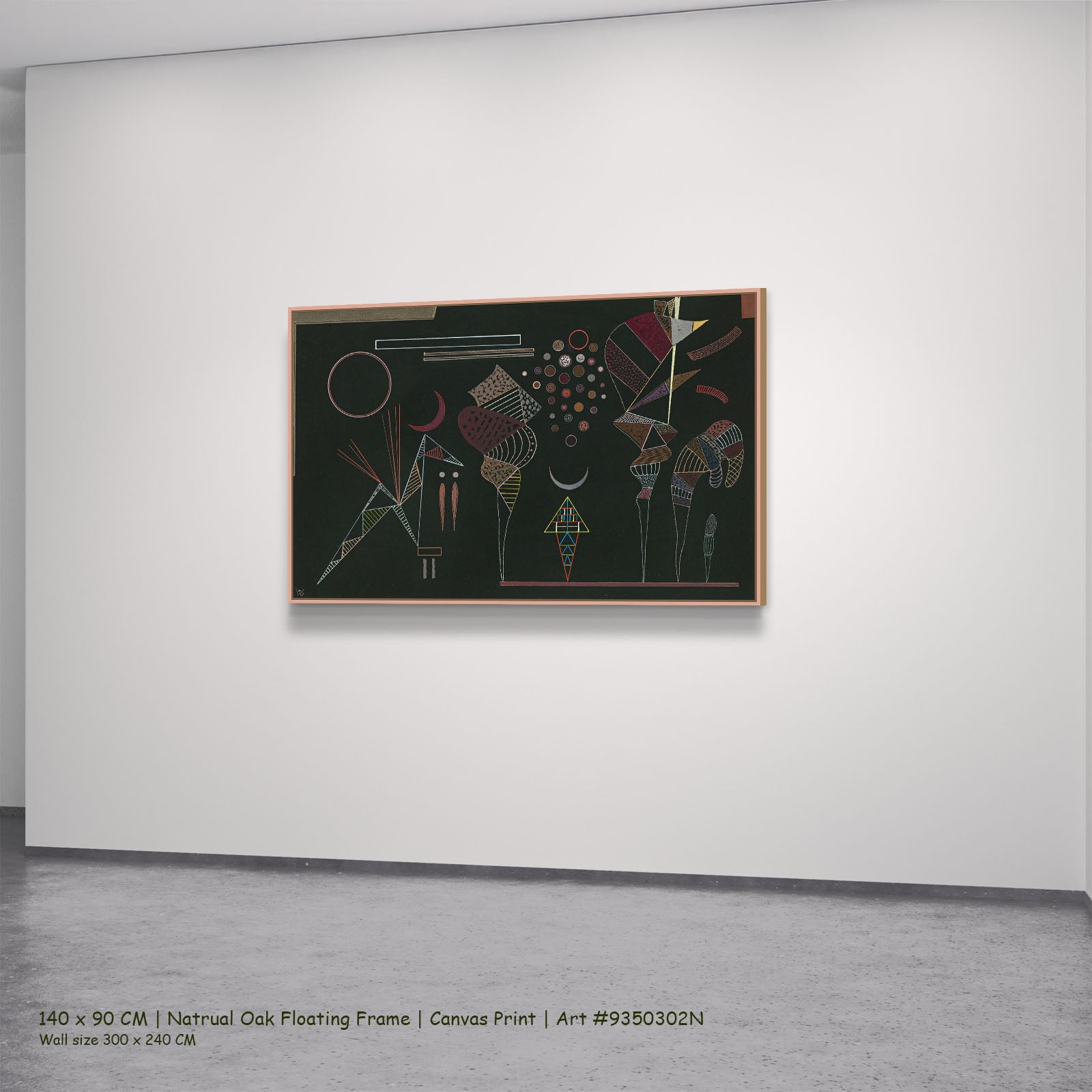Abstract Composition on Black by Wassily Kandinsky in a natural oak floating frame, large brown and black Colourful Abstract