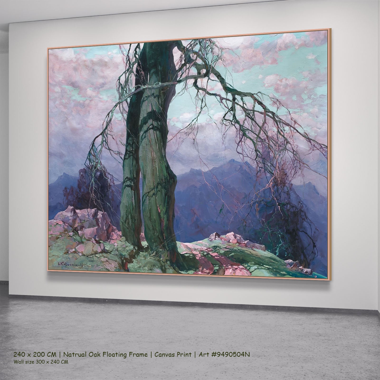 Weathered Tree on a Mountain Ridge by Stepan Kolesnikoff in a natural oak floating frame, large green and pink Impressionist