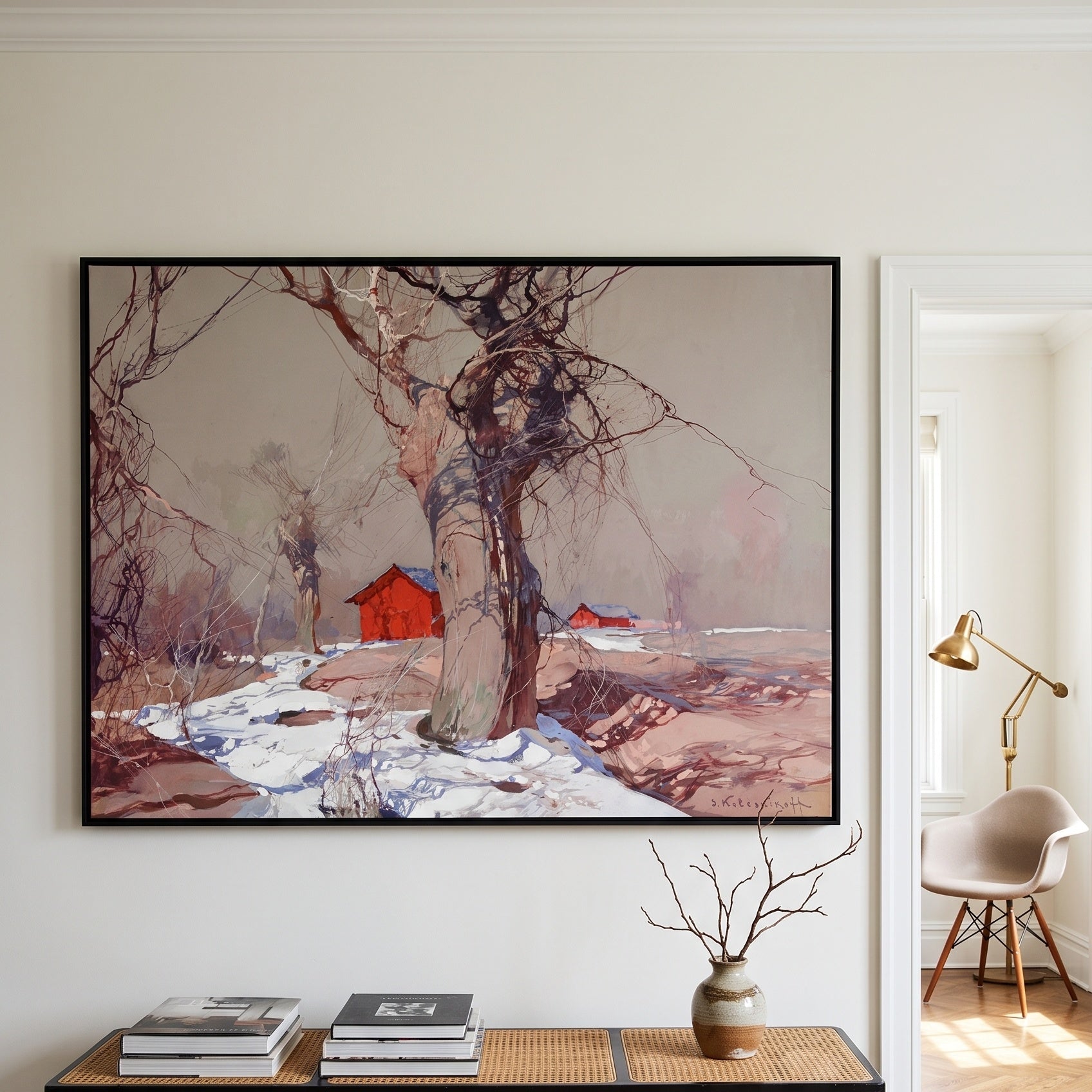 Early Spring by Stepan Kolesnikoff — large red and grey Impressionist canvas art on a hallway wall
