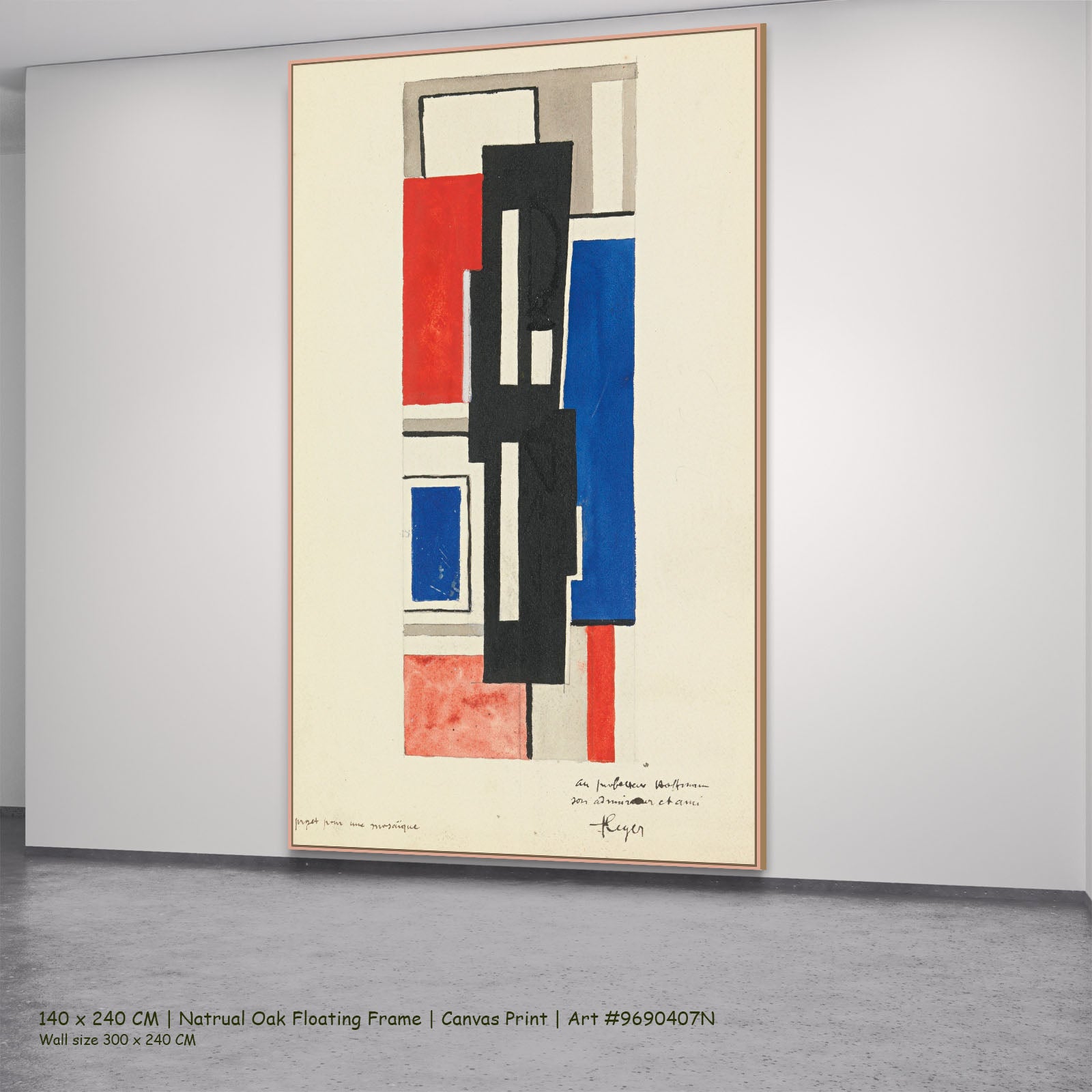 Projet pour une mosaïque by Fernand Léger in a natural oak floating frame, large blue and white Cubist Abstract canvas