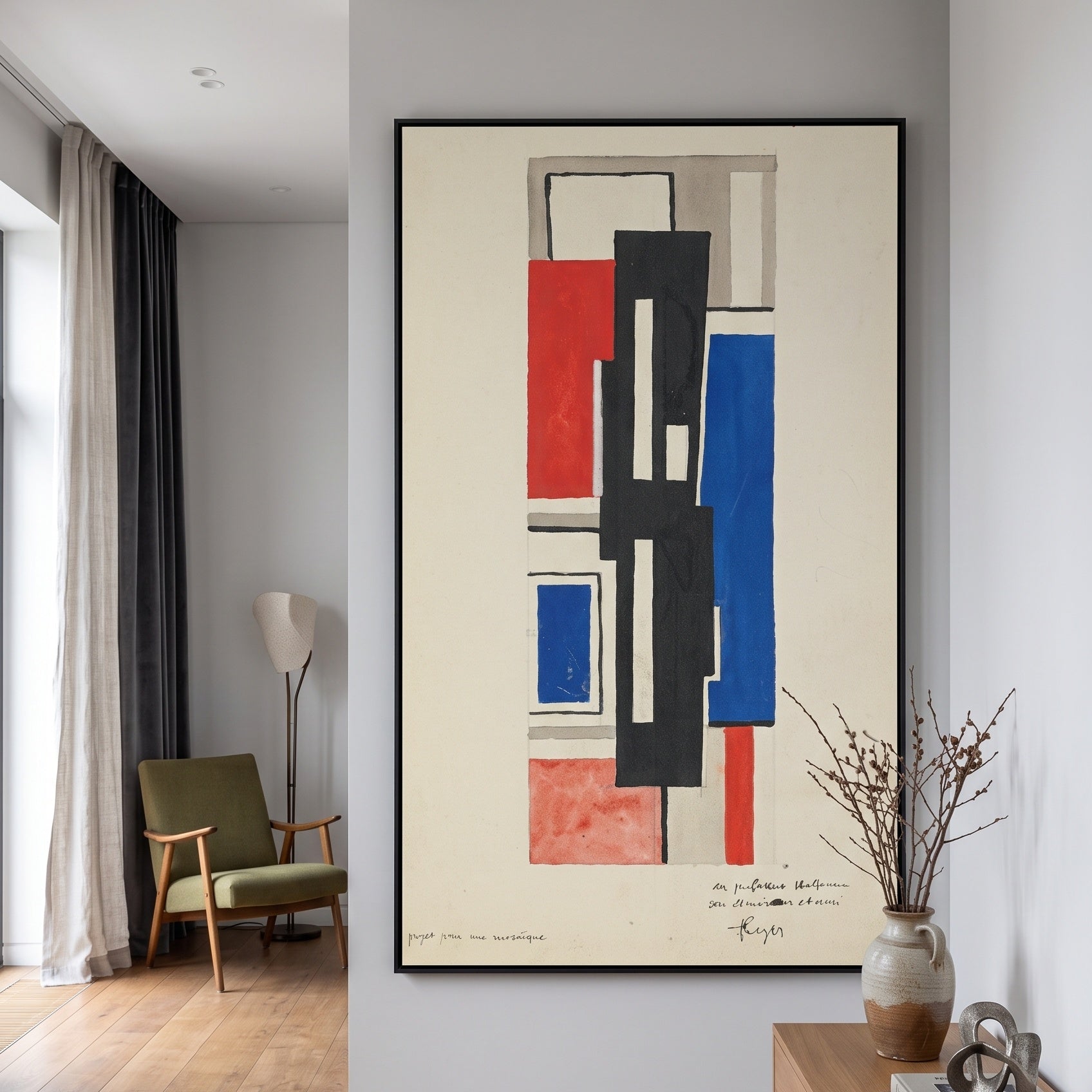 Projet pour une mosaïque by Fernand Léger — large blue and white Cubist Abstract canvas art on a hallway wall