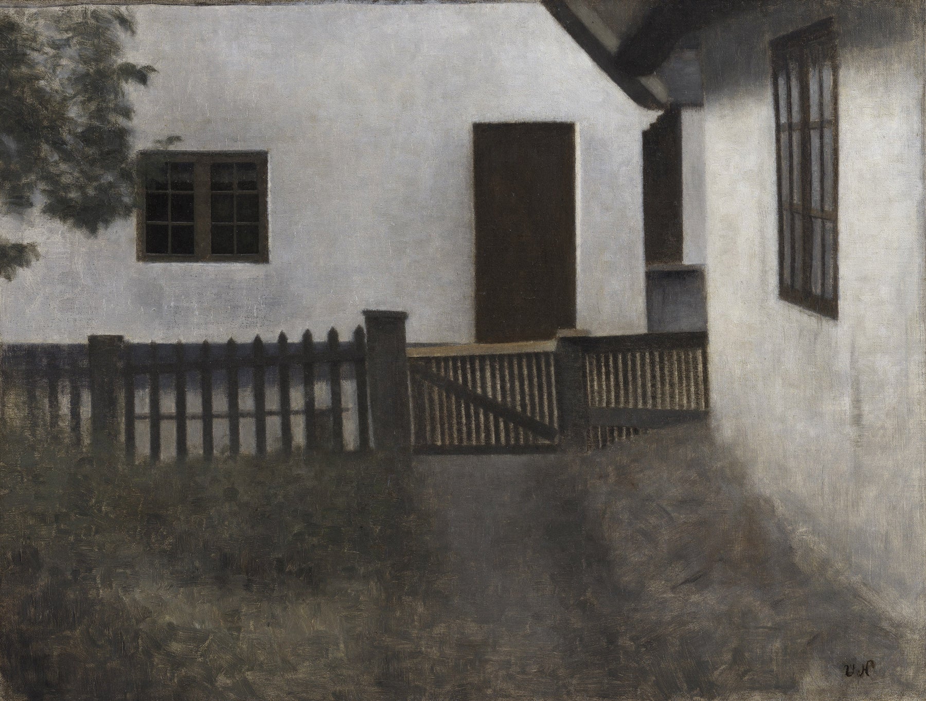 Large brown and olive Symbolist canvas print of Husgavle. Frederiksværk. Sommer. by Vilhelm Hammershoi