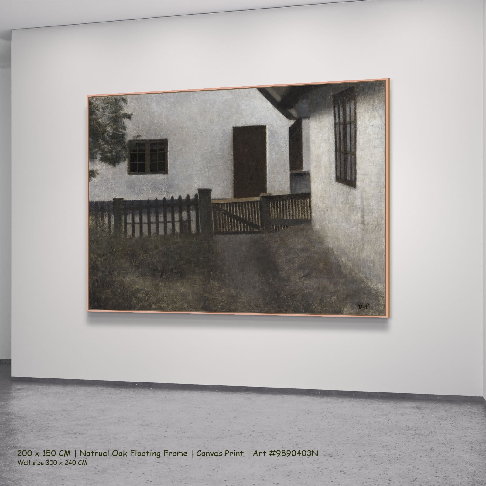 Husgavle. Frederiksværk. Sommer. by Vilhelm Hammershoi in a natural oak floating frame, large brown and olive Symbolist canva