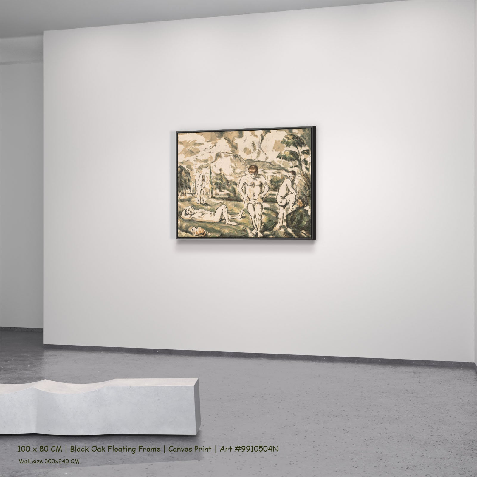 The Bathers by Paul Cezanne in a black oak floating frame, large olive and green Impressionist canvas
