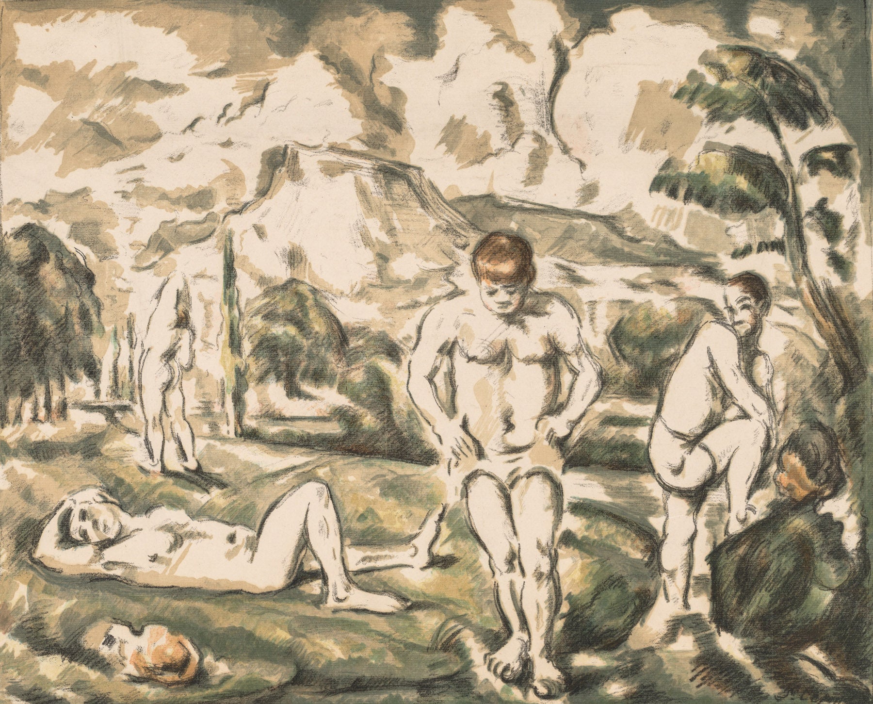 Large olive and green Impressionist canvas print of The Bathers by Paul Cezanne