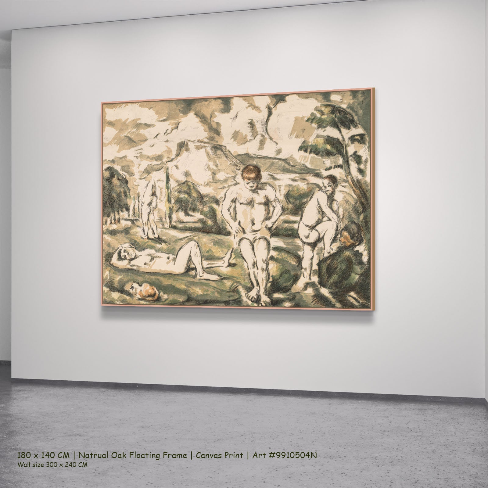 The Bathers by Paul Cezanne in a natural oak floating frame, large olive and green Impressionist canvas