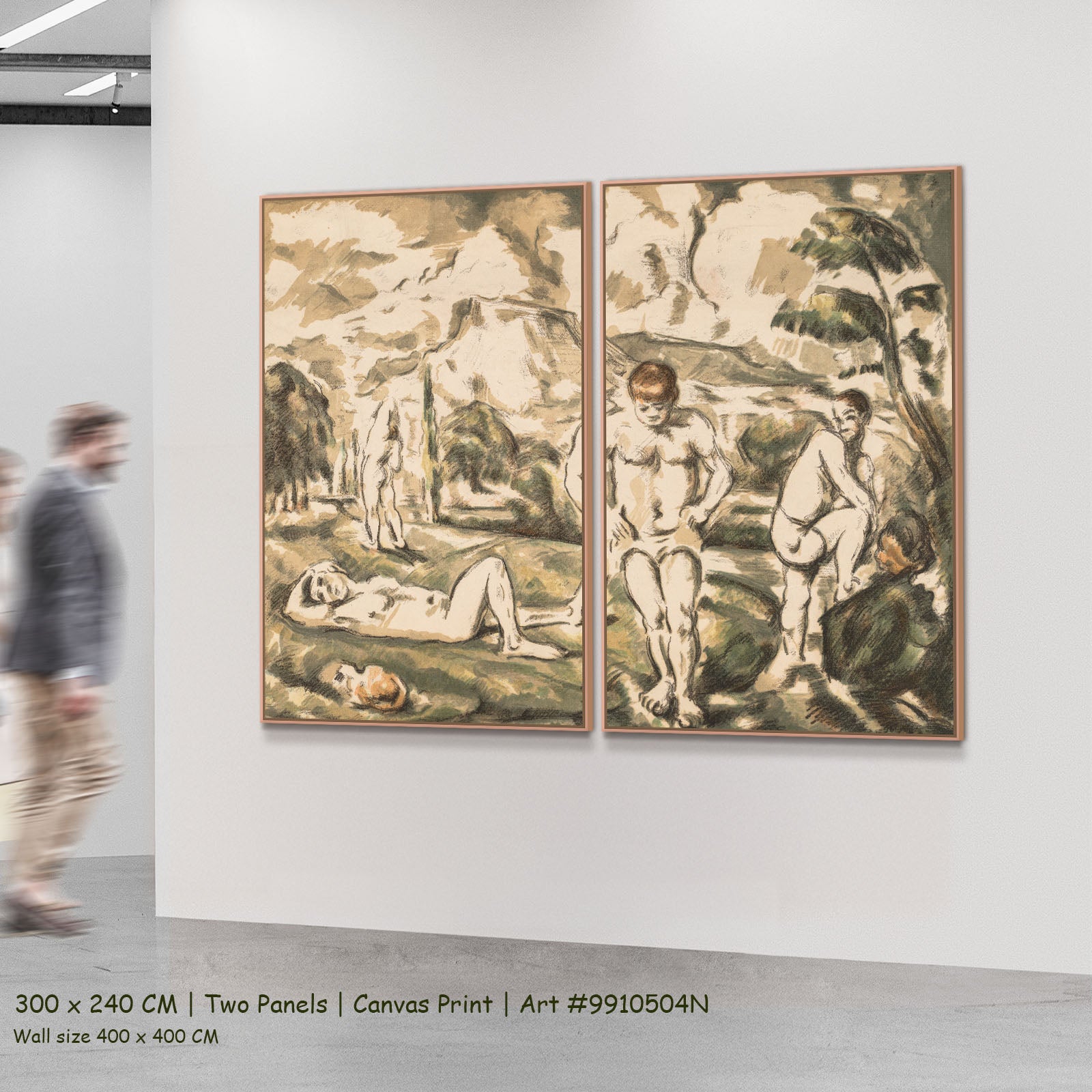The Bathers by Paul Cezanne as a large two-panel olive and green Impressionist canvas set