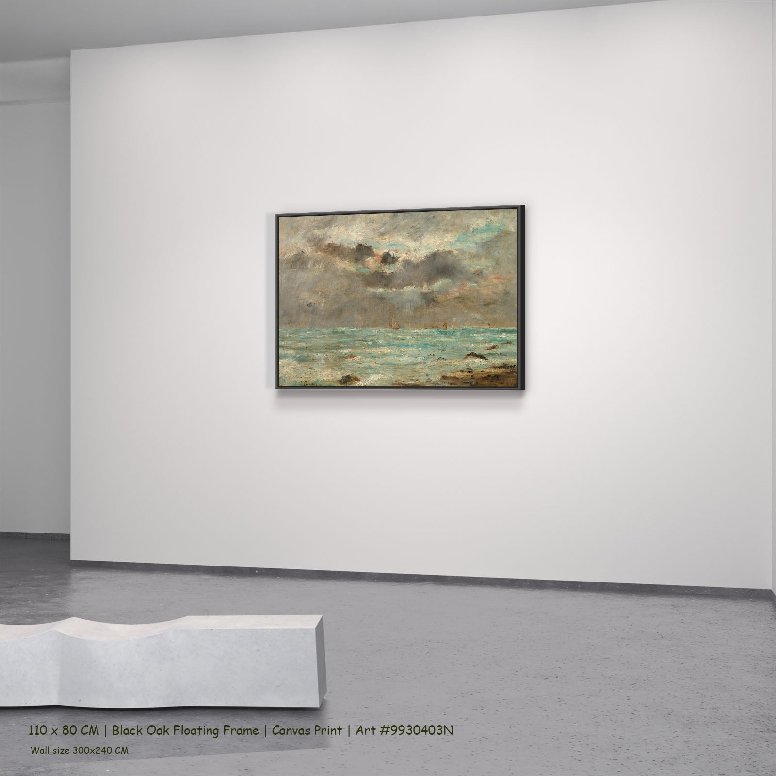 The Coast at Trouville by Eugene Boudin in a black oak floating frame, large aqua and grey Impressionist canvas