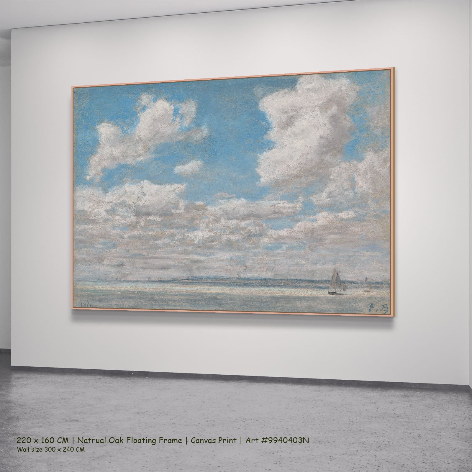 Seascape with Open Sky by Eugene Boudin in a natural oak floating frame, large light blue and white Impressionist canvas