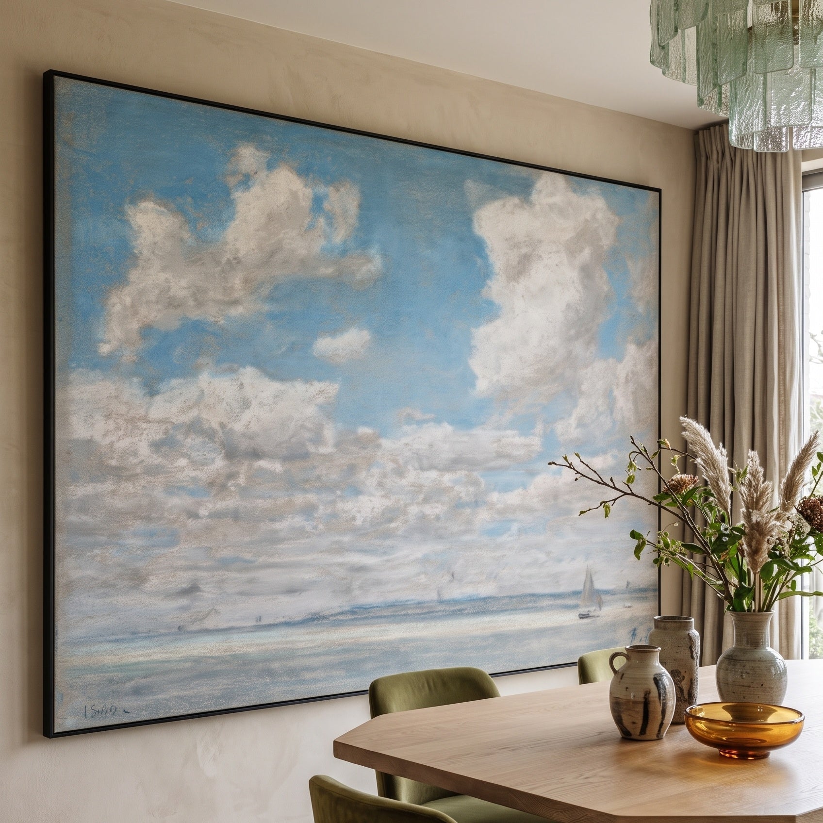 Seascape with Open Sky by Eugene Boudin — large light blue and white Impressionist canvas art displayed on a wall