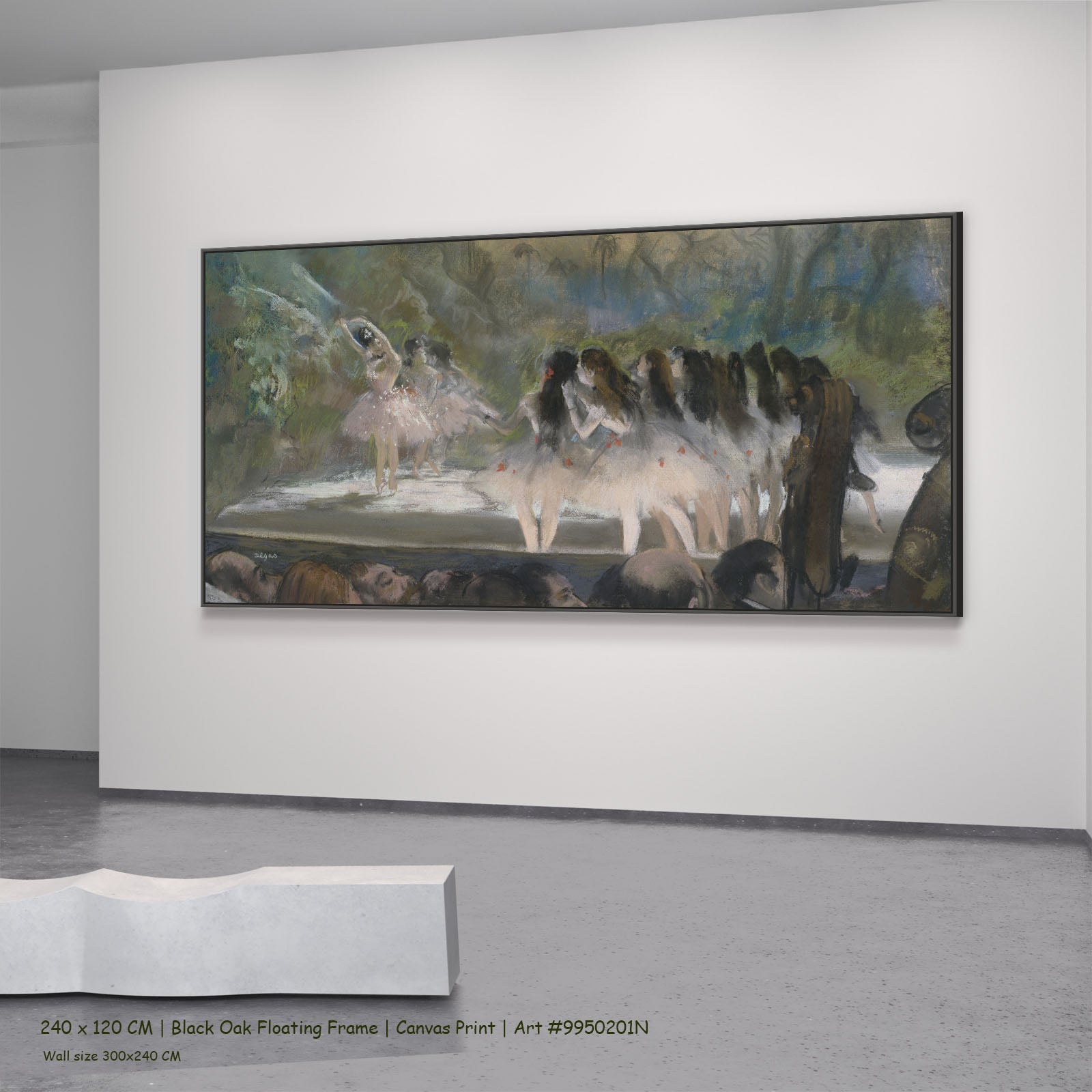 Ballet at the Paris Opéra by Edgar Degas in a black oak floating frame, large green and olive Impressionist canvas
