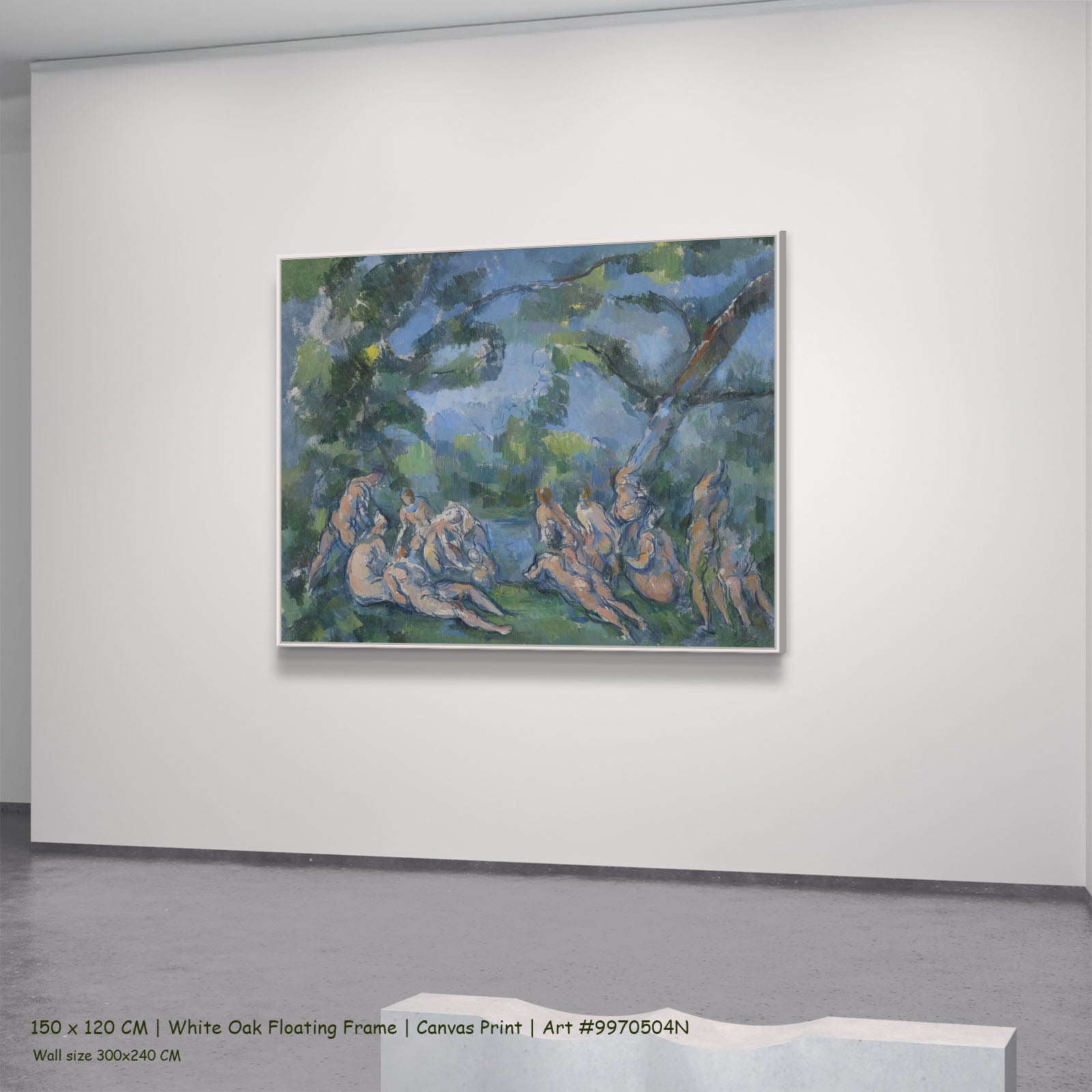 The Bathers by Paul Cezanne in a white oak floating frame, large blue and green Impressionist canvas