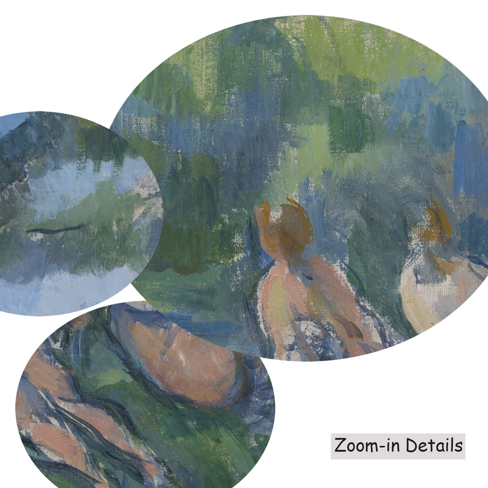 Close-up detail of the brushwork on The Bathers, a large blue and green Impressionist canvas by Paul Cezanne