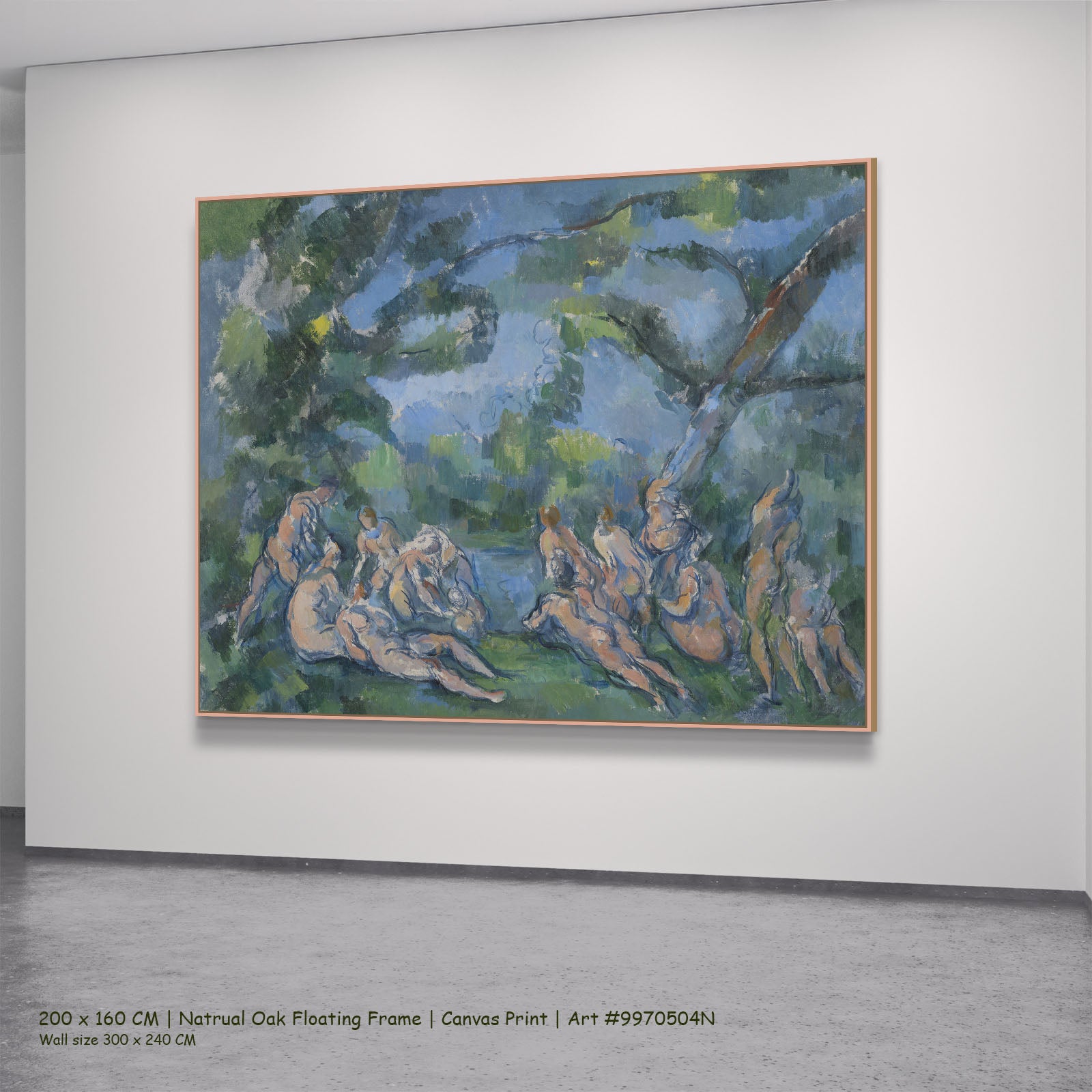 The Bathers by Paul Cezanne in a natural oak floating frame, large blue and green Impressionist canvas