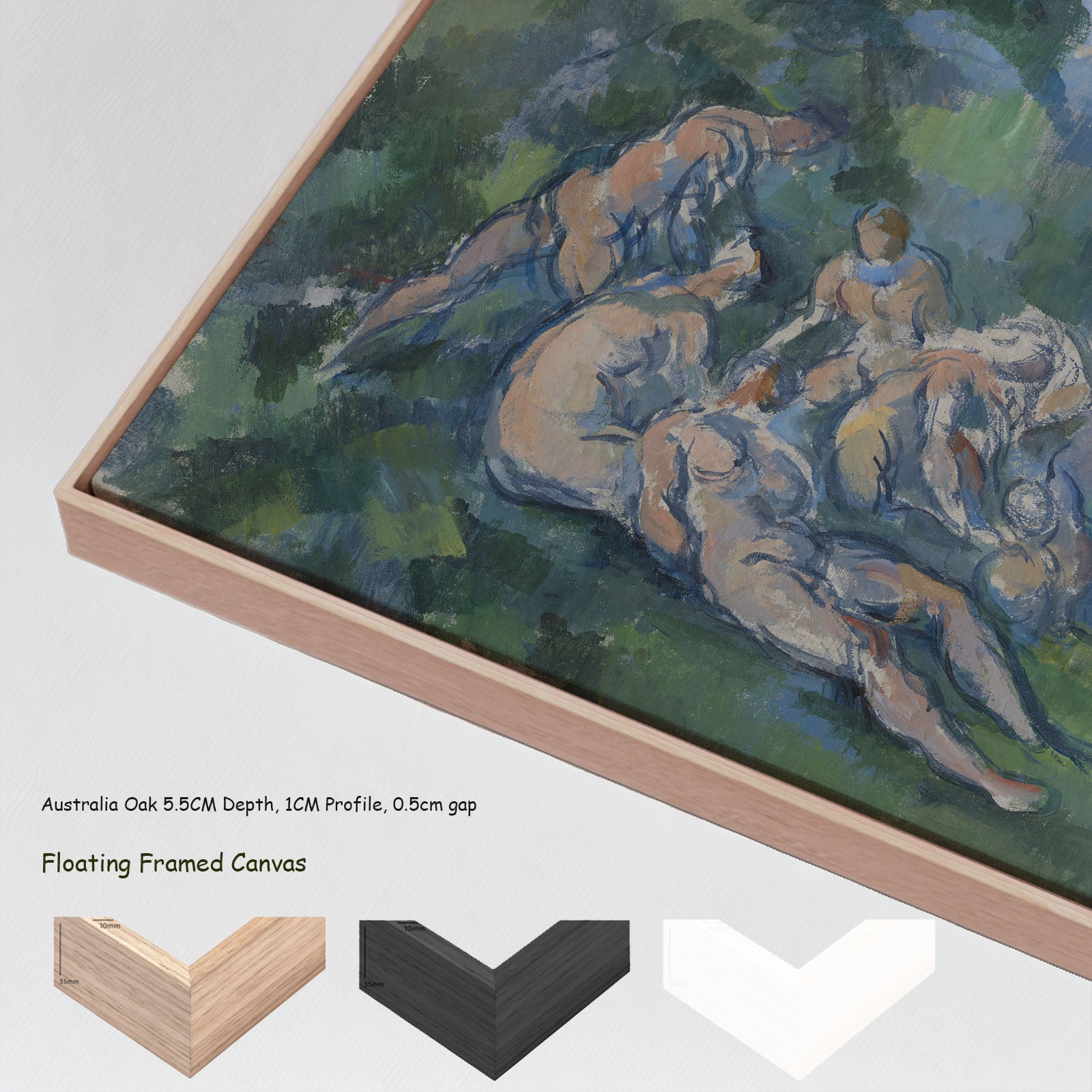 The Bathers by Paul Cezanne in a floating frame, large blue and green Impressionist canvas print