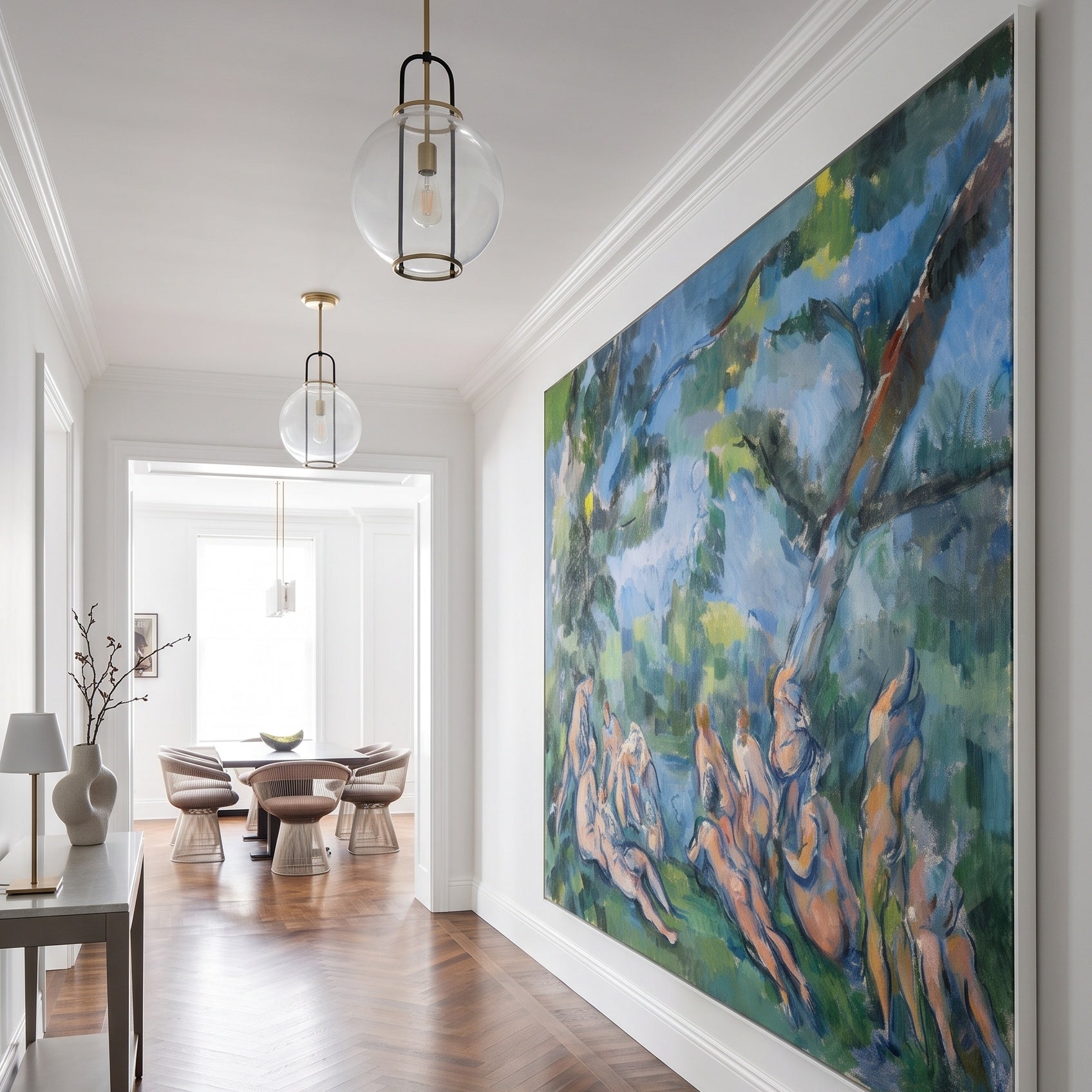 The Bathers by Paul Cezanne — large blue and green Impressionist canvas art on a hallway wall