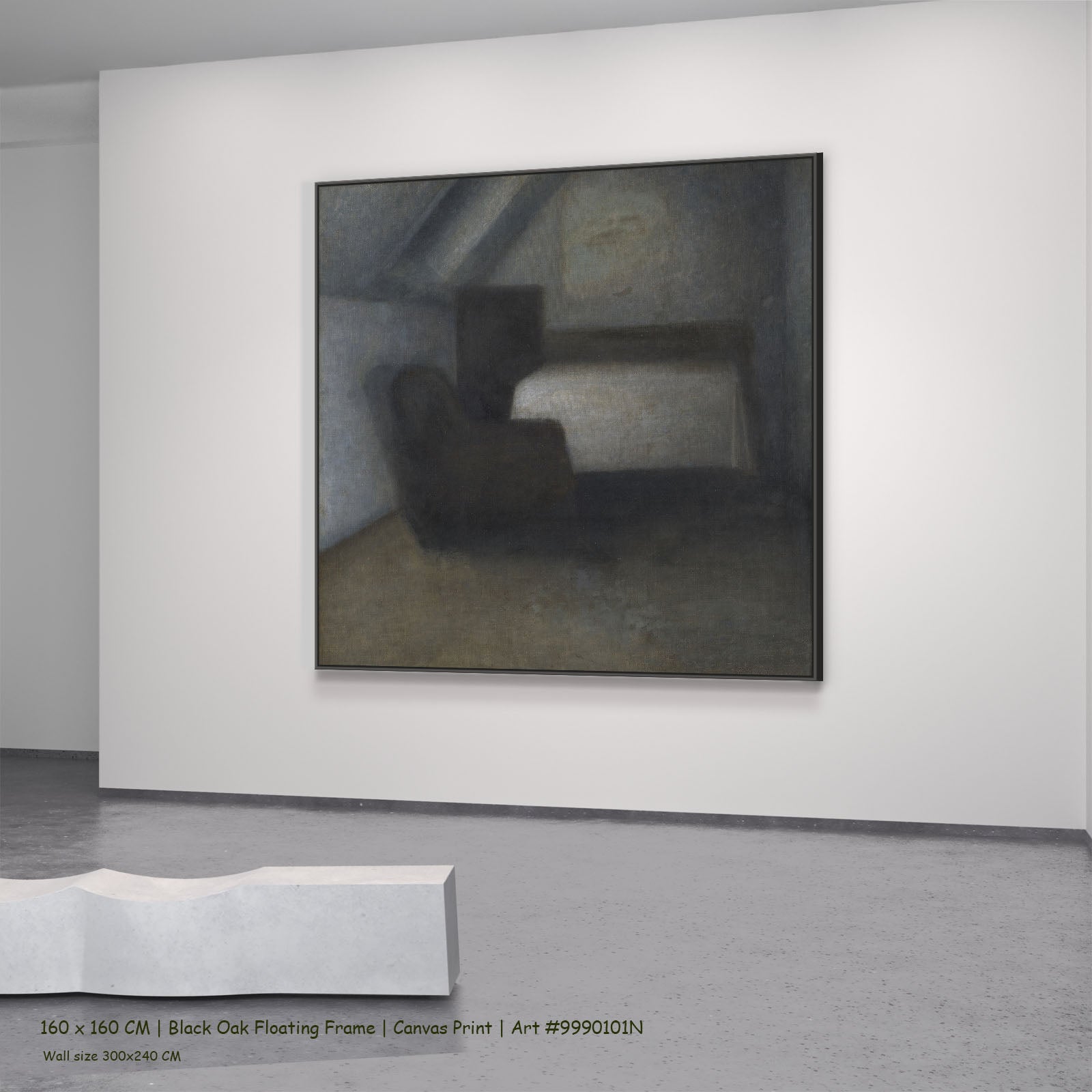 Attic Room with a Table and by Vilhelm Hammershoi in a black oak floating frame, large brown and grey Symbolist canvas