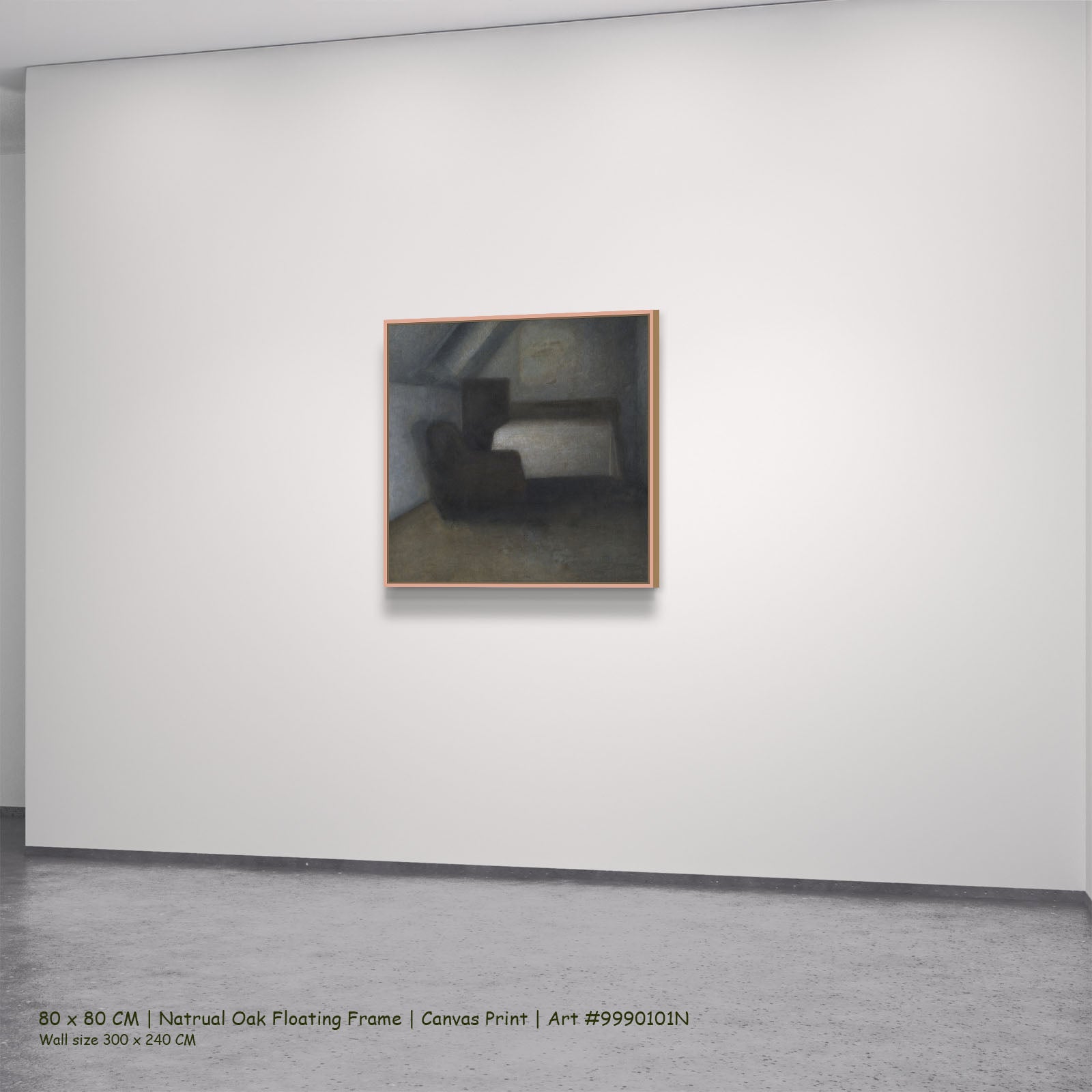 Attic Room with a Table and by Vilhelm Hammershoi in a natural oak floating frame, large brown and grey Symbolist canvas