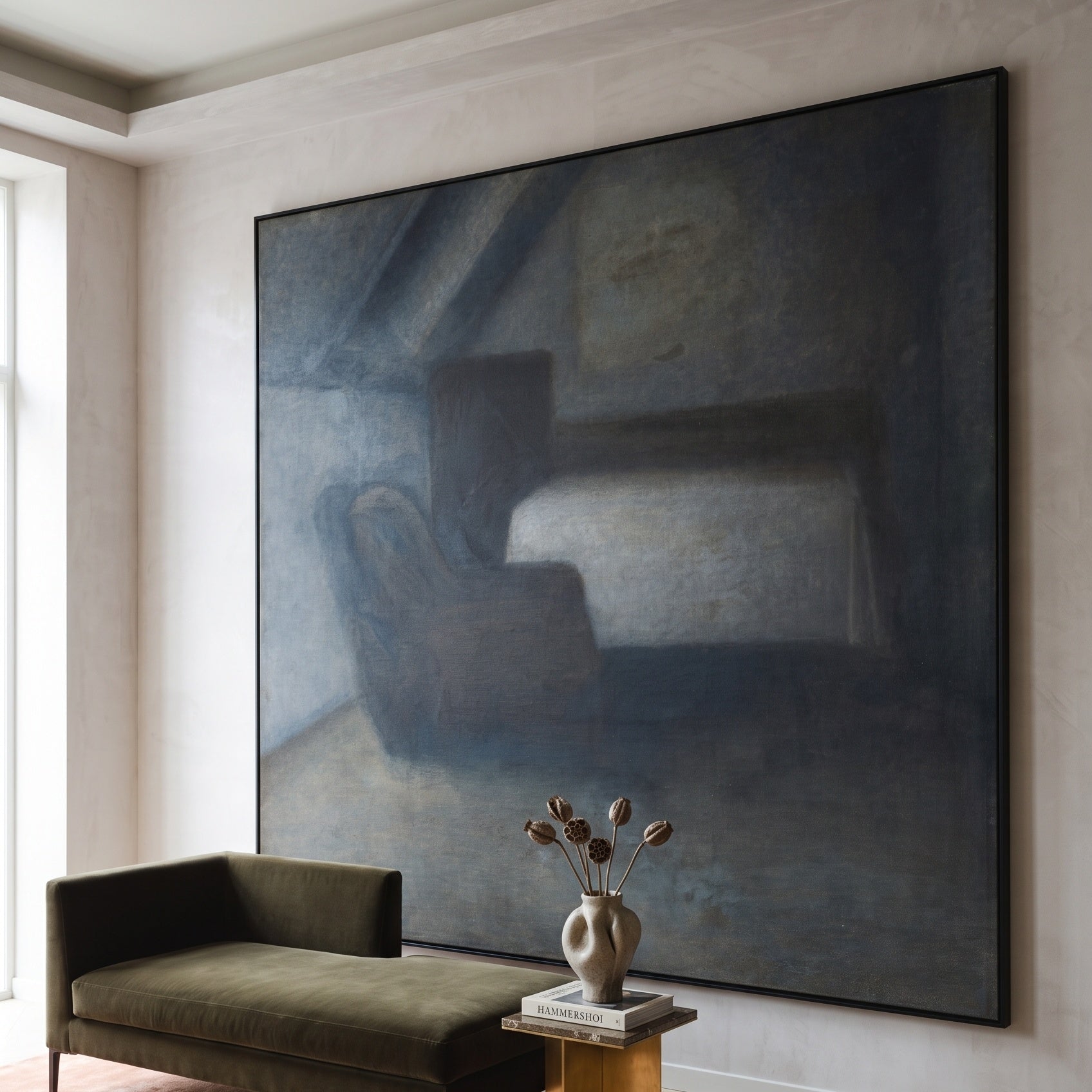 Attic Room with a Table and by Vilhelm Hammershoi — large brown and grey Symbolist canvas art on a living room wall