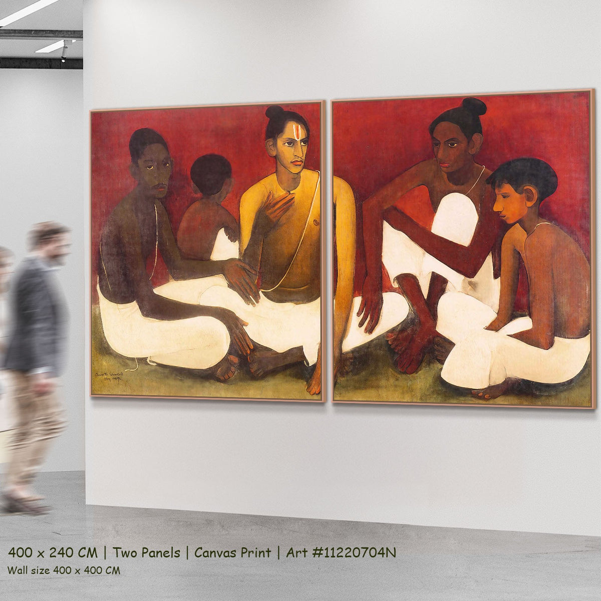Brahmacharis by Amrita Sher-Gil as a large two-panel red and white Modernist canvas set