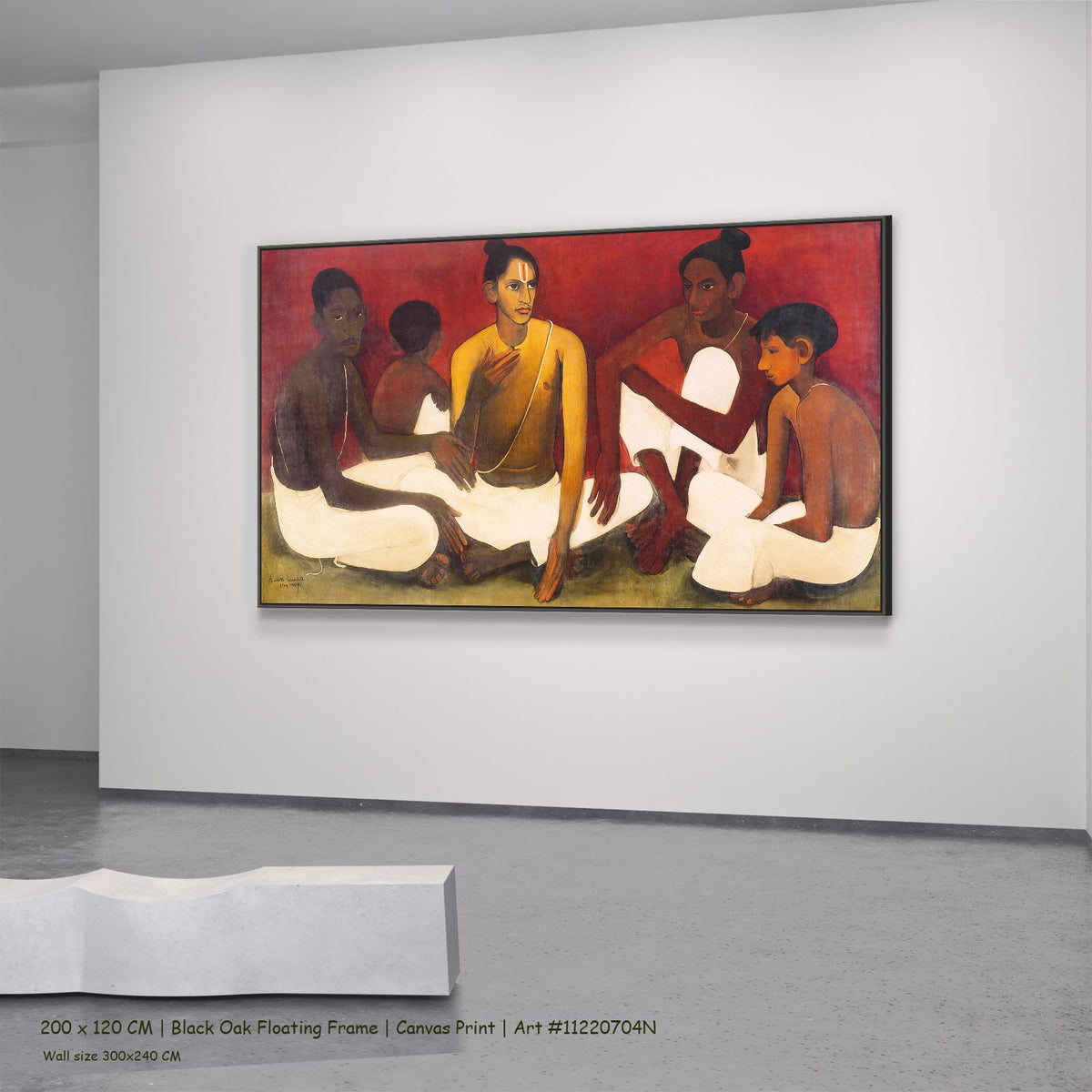 Brahmacharis by Amrita Sher-Gil in a black oak floating frame, large red and white Modernist canvas