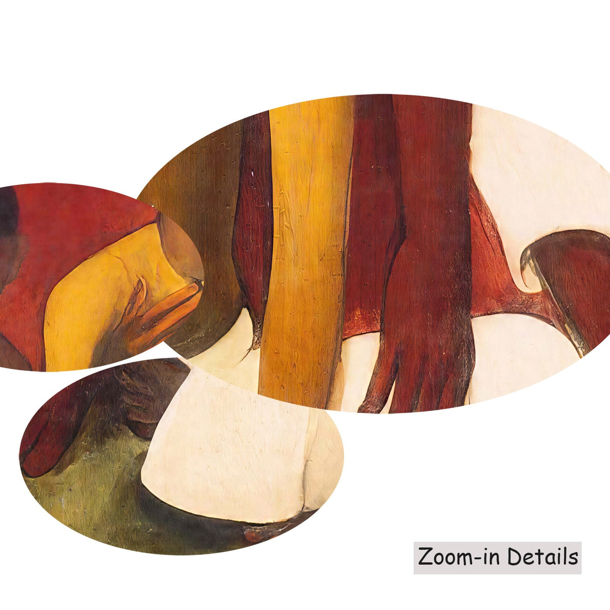 Close-up detail of the brushwork on Brahmacharis, a large red and white Modernist canvas by Amrita Sher-Gil