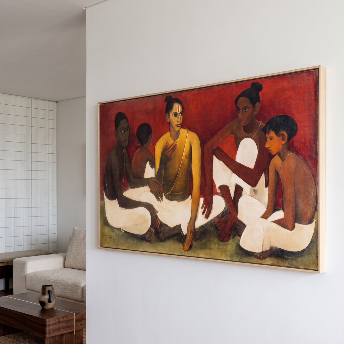 Brahmacharis by Amrita Sher-Gil — large red and white Modernist canvas art displayed on a wall