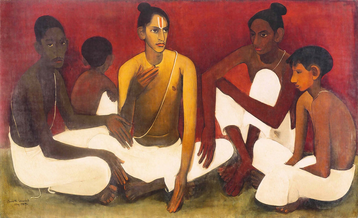Large red and white Modernist canvas print of Brahmacharis by Amrita Sher-Gil