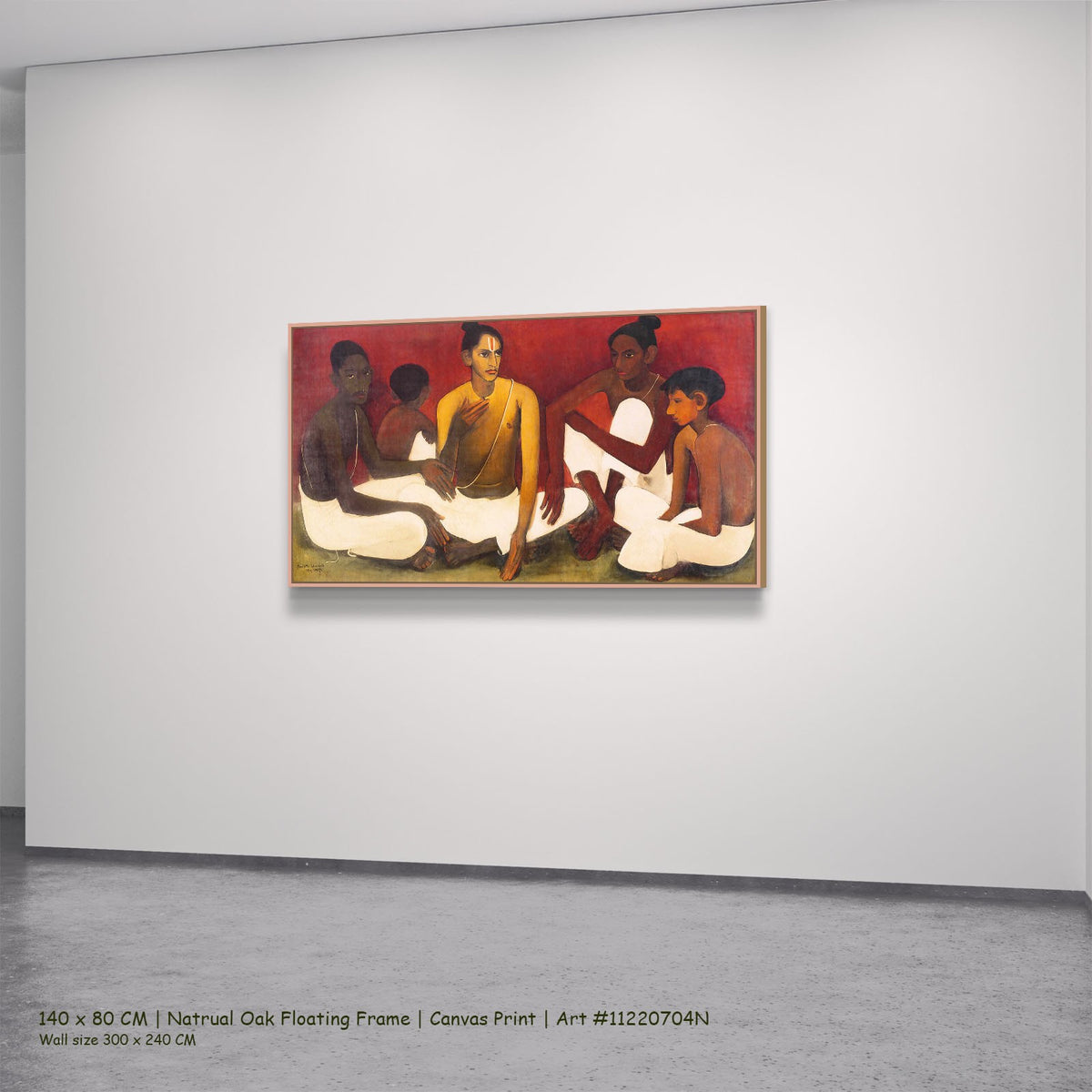 Brahmacharis by Amrita Sher-Gil in a natural oak floating frame, large red and white Modernist canvas