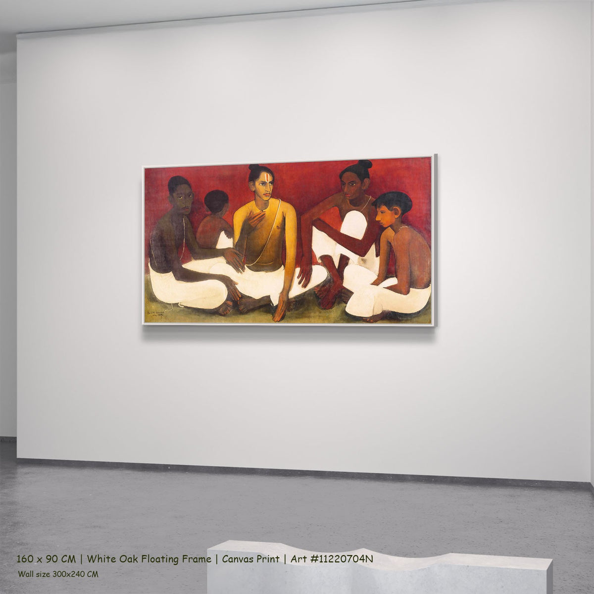 Brahmacharis by Amrita Sher-Gil in a white oak floating frame, large red and white Modernist canvas