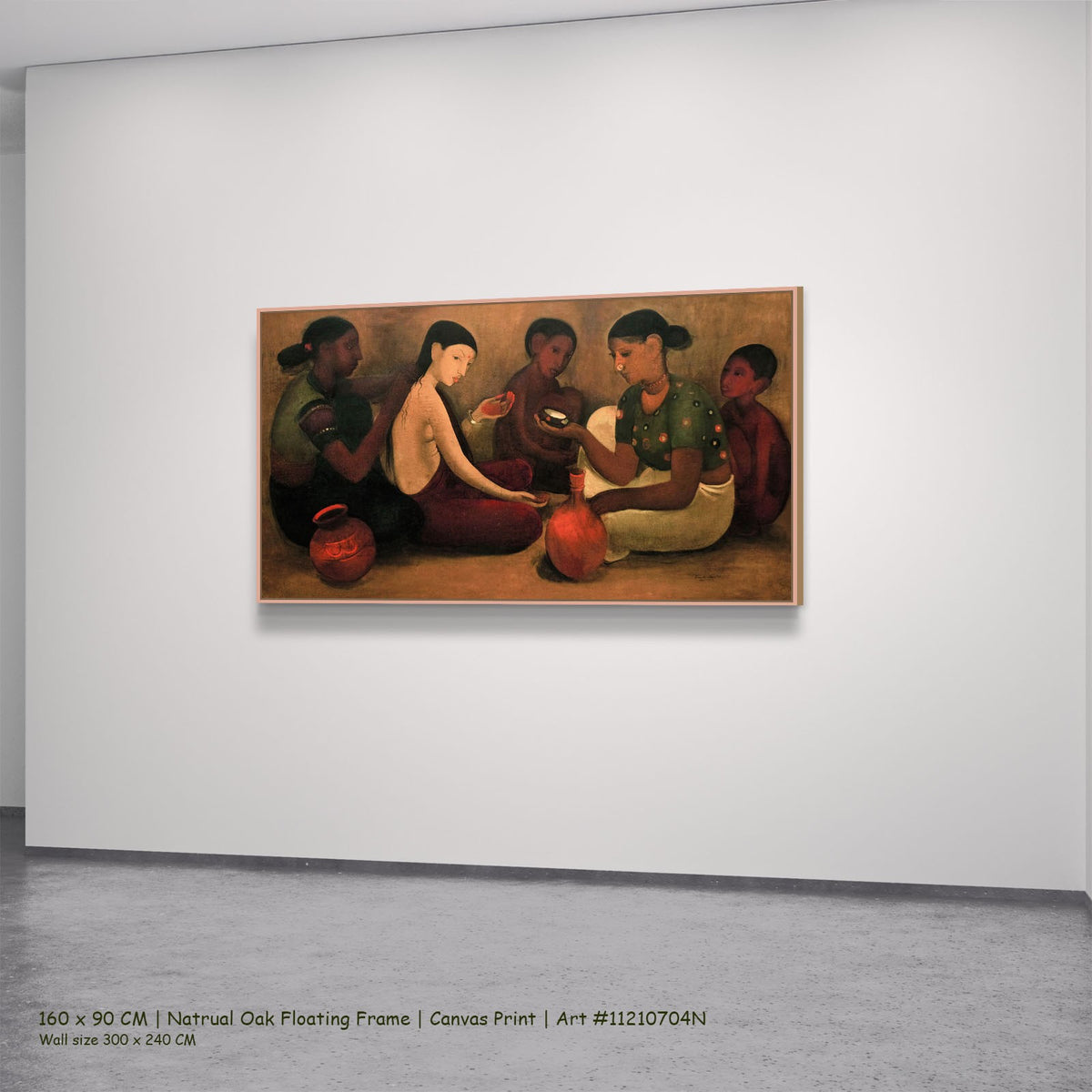 Bride's Toilet by Amrita Sher-Gil in a natural oak floating frame, large brown and red Modernist canvas